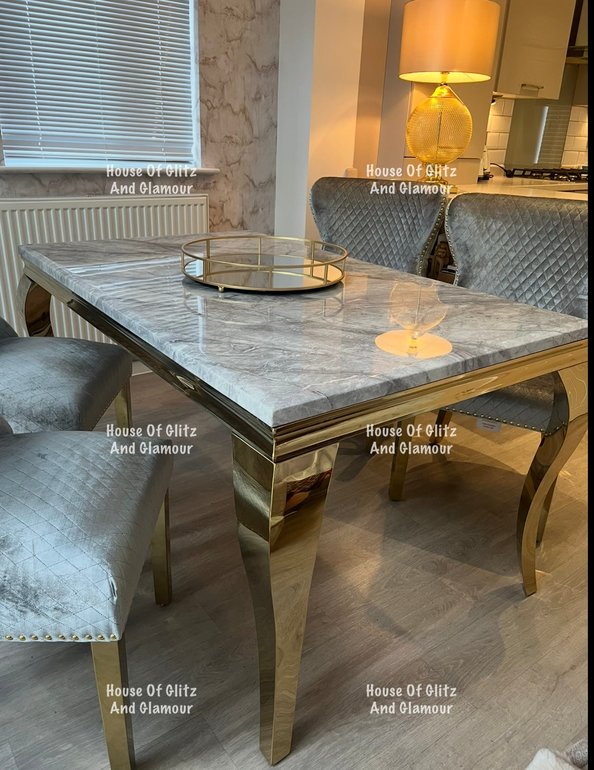 Louis 1.5 Gold Dining Table Set With Grey Marble & Grey & Gold Valentina Velvet Studded Back Dining Chairs x 4