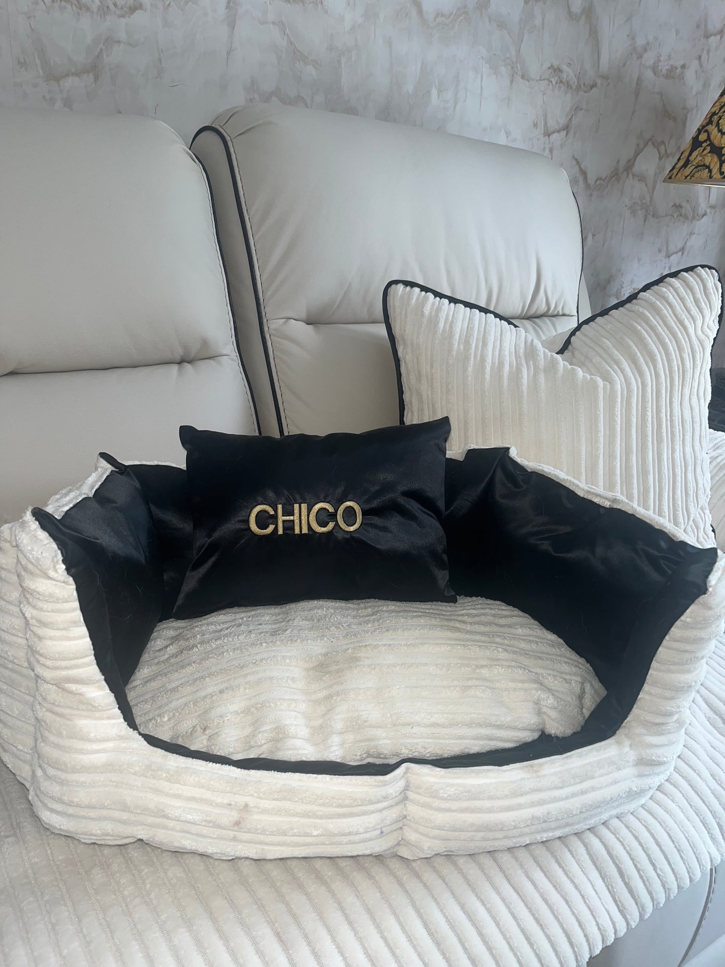 Cream And Black Customised Dog Bed