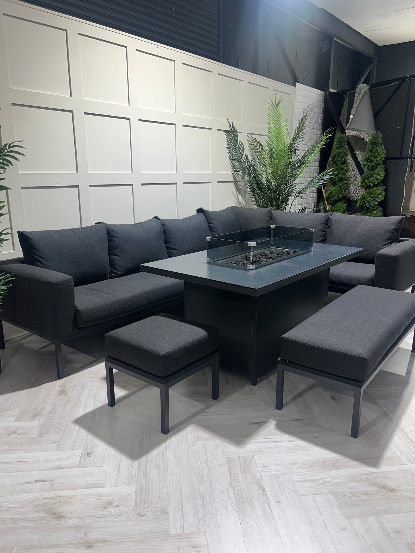 Vancouver Aluminium Firepit Garden Corner Sofa Dining Table Set
