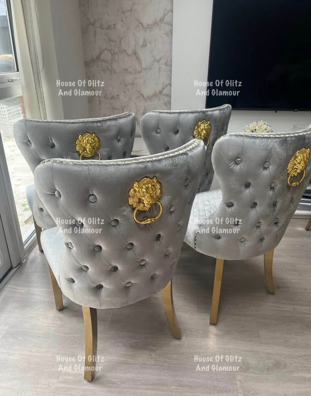 4 x Display Valentina Grey Crushed Velvet & Gold Lion Knocker Winged Back Quilted Dining Chair