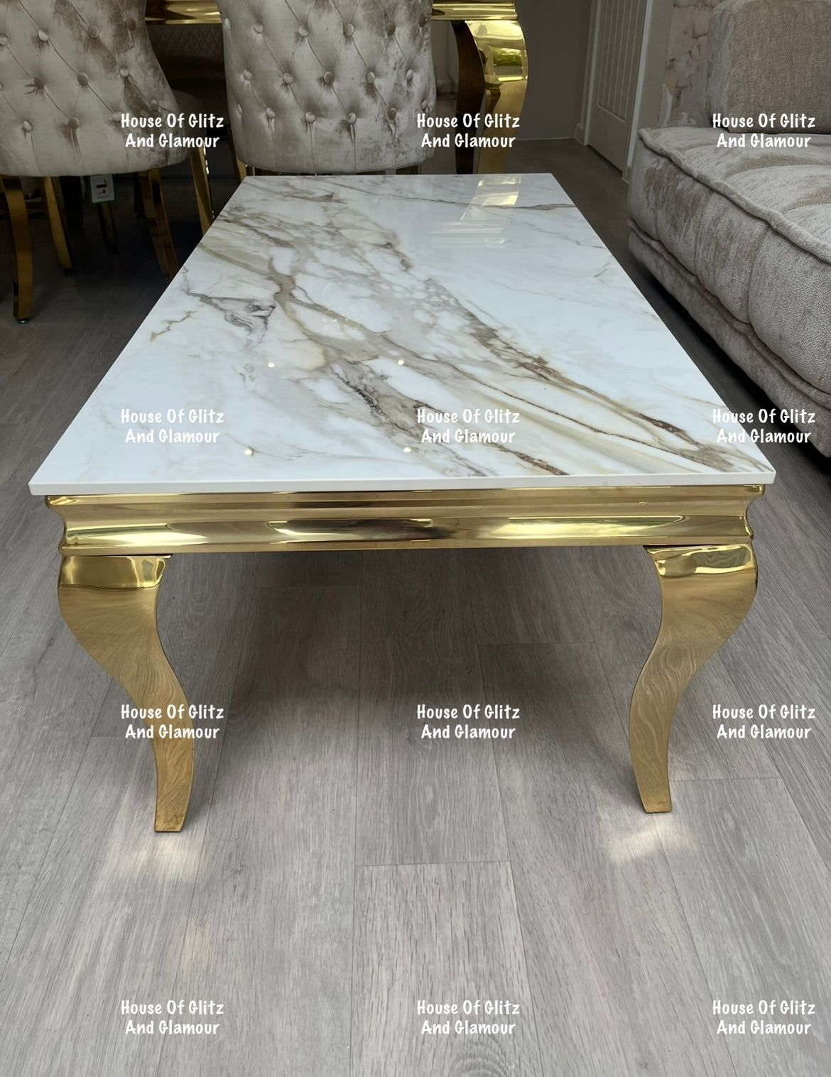 Louis Gold Coffee Table With Kata Gold Marble Patterned Ceramic Top  120cm x 60cm x 42cm