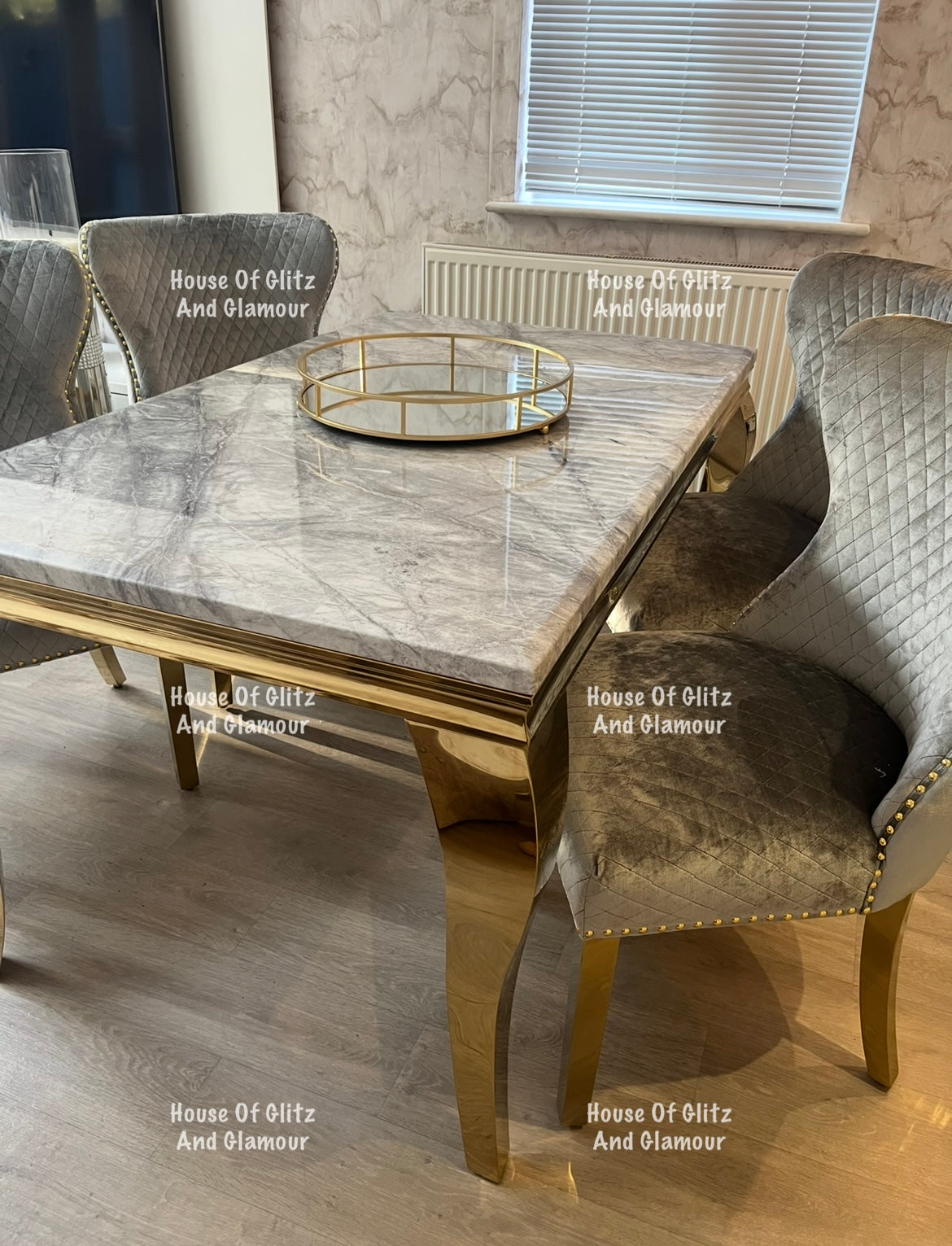 Louis 1.5 Gold Dining Table Set With Grey Marble & Grey & Gold Valentina Velvet Studded Back Dining Chairs x 4