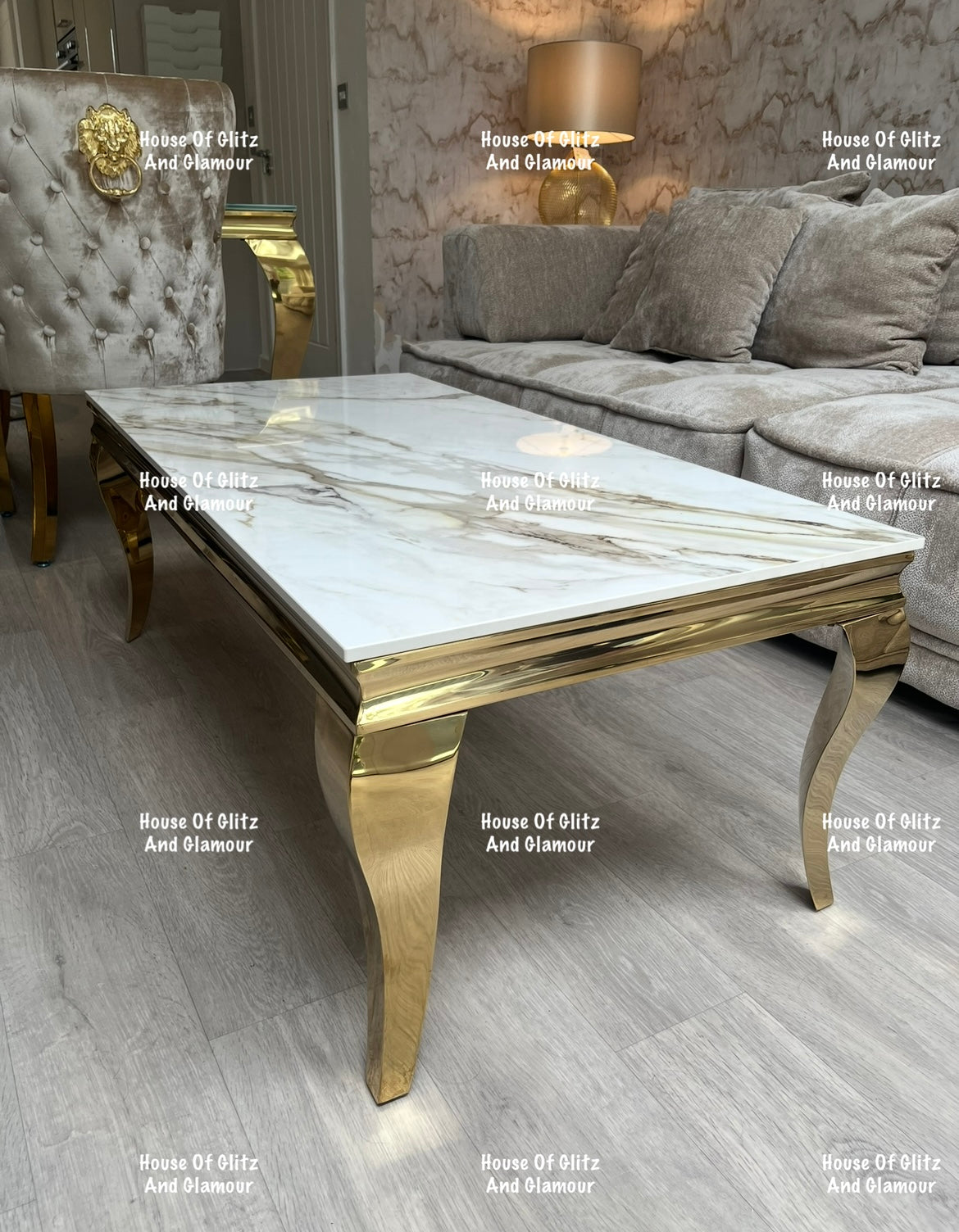 Louis Gold Coffee Table With Kata Gold Marble Patterned Ceramic Top  120cm x 60cm x 42cm