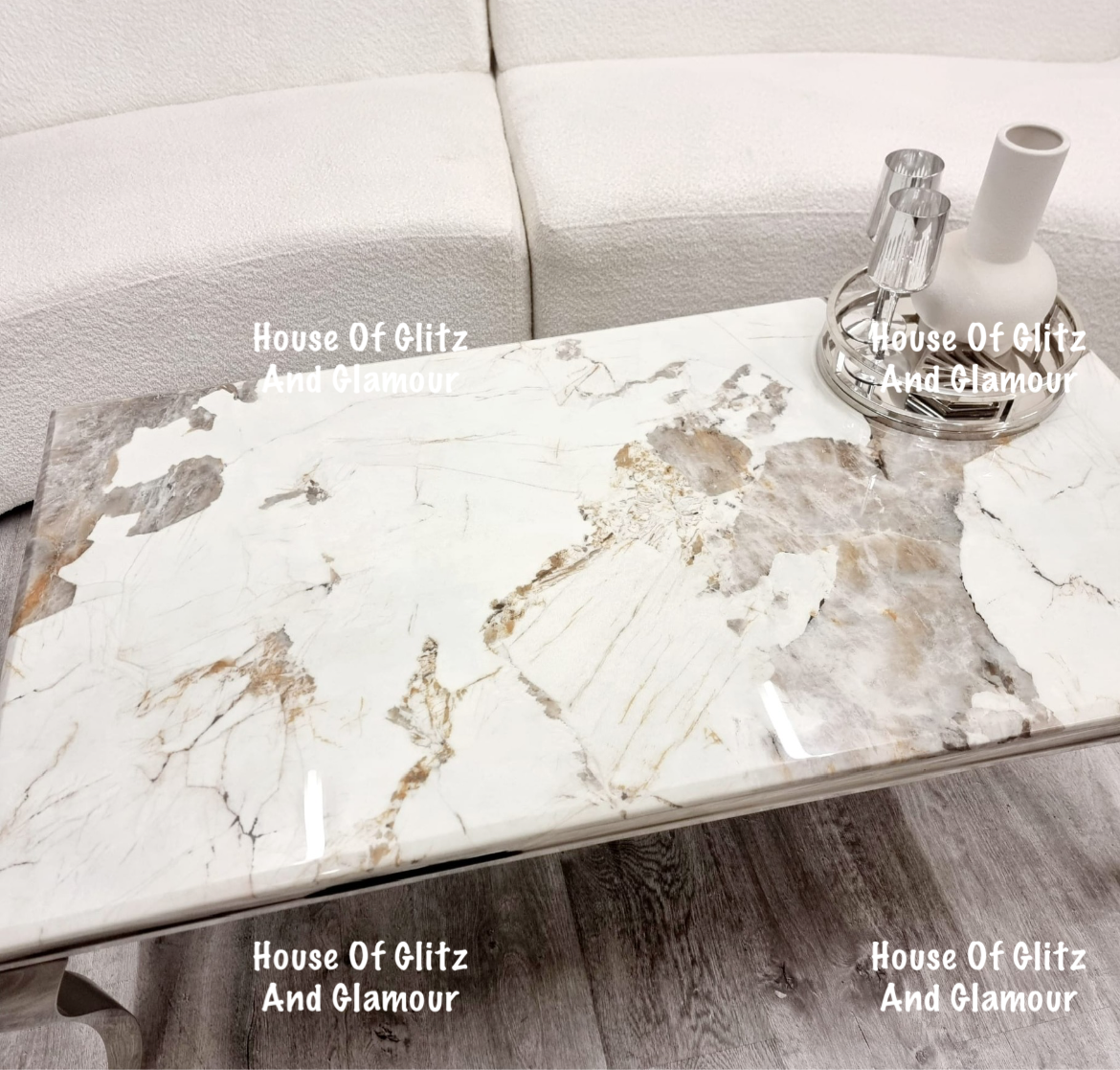 Louis Cream Coffee Table With Chrome Legs And Pandora Sintered Top (130cm x 70cm)