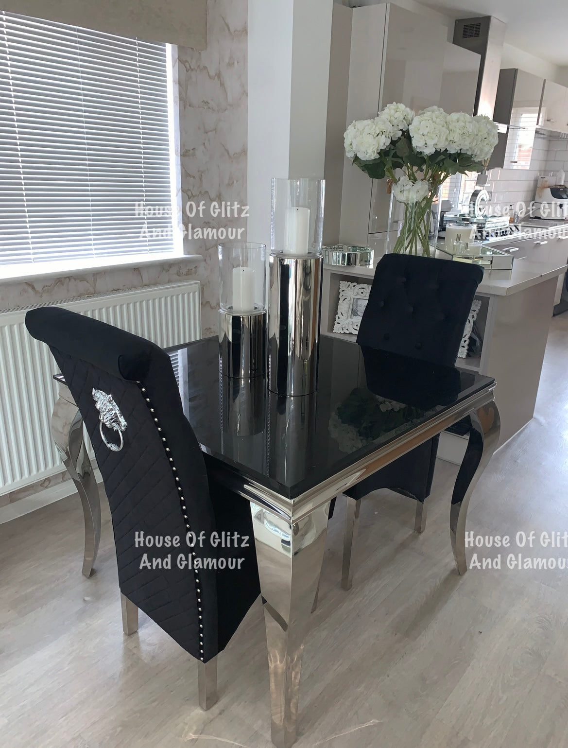 Louis Black Square 1m x 1m Glass & Chrome Dining Table + 4 Lou Lou Black & Chrome Lion Knocker Chairs