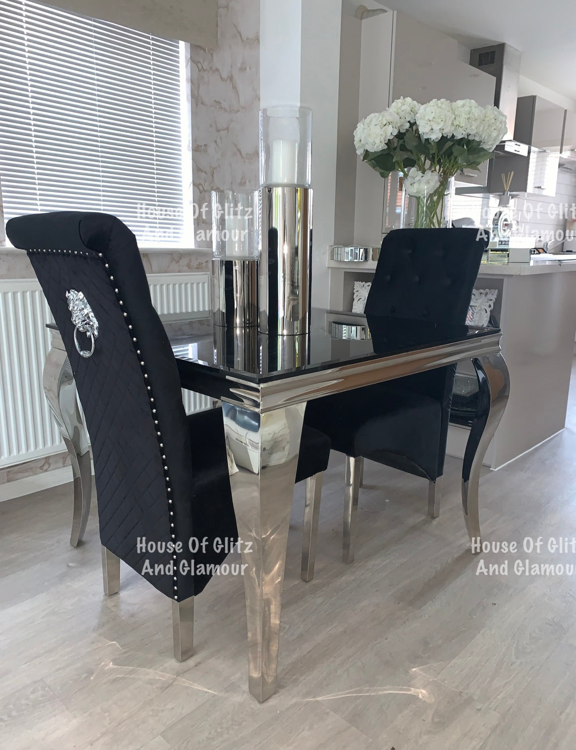 Louis Black Square 1m x 1m Glass & Chrome Dining Table + 4 Lou Lou Black & Chrome Lion Knocker Chairs
