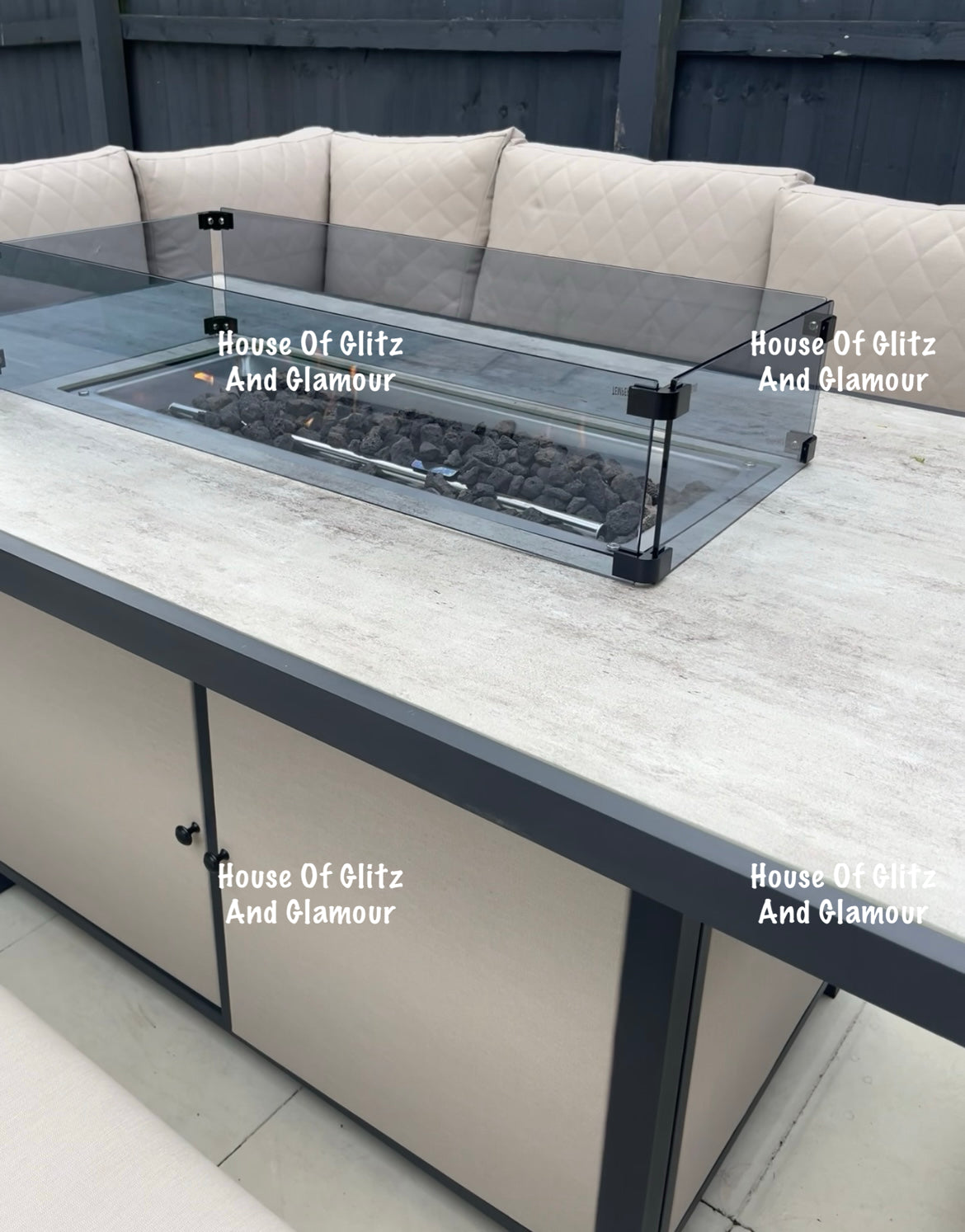 Vancouver Cream 10 Seater Aluminium L Shape Corner Sofa Dining Set with Fire Pit Table