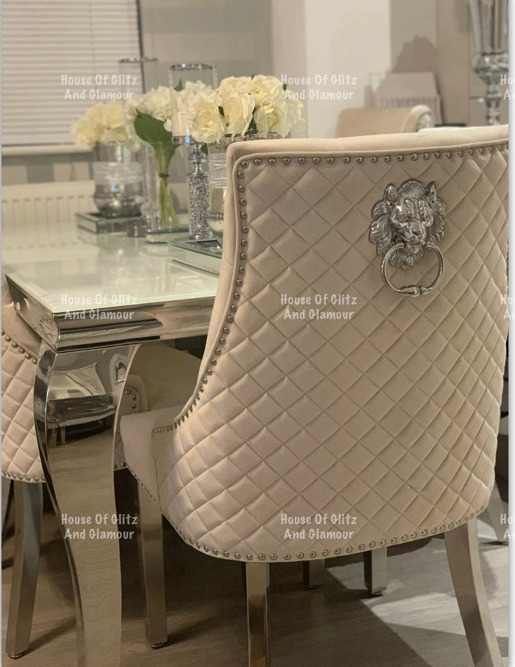 Chelsea Cream With Chrome Legs Quilted French Velvet Lion Head Knocker Back Dining Chair