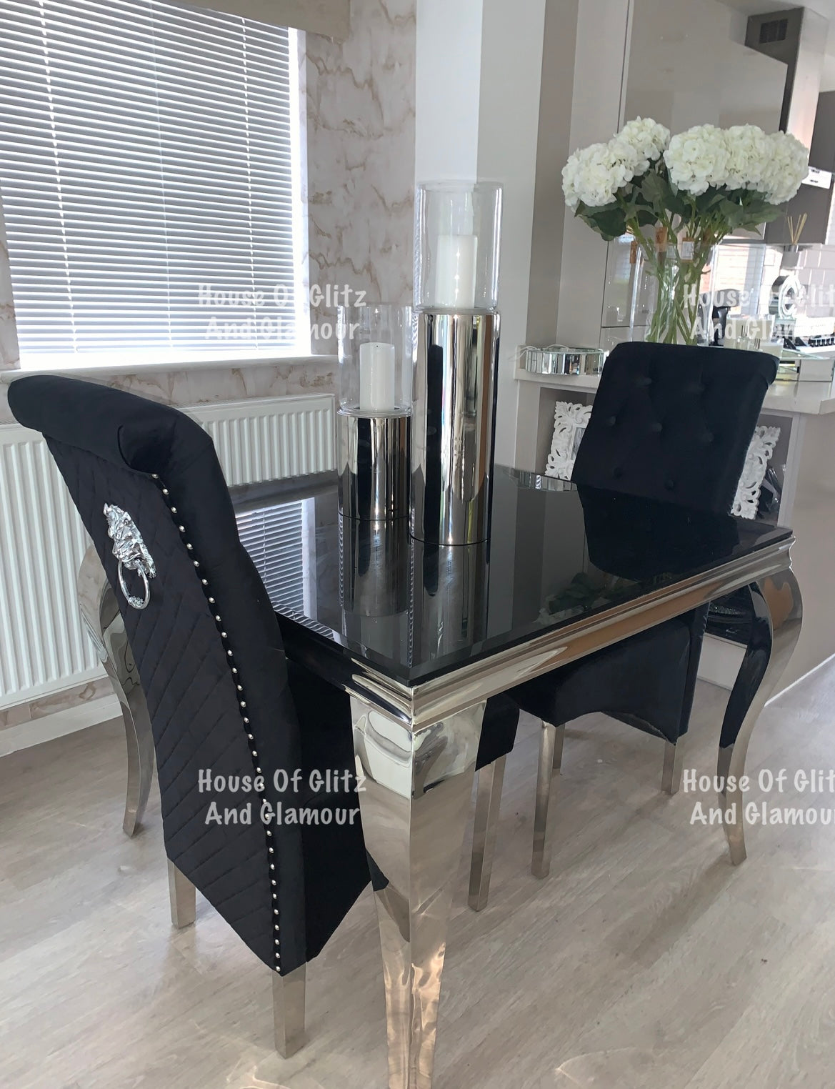 Louis Black Square 1m x 1m Glass & Chrome Dining Table + 4 Lou Lou Black & Chrome Lion Knocker Chairs