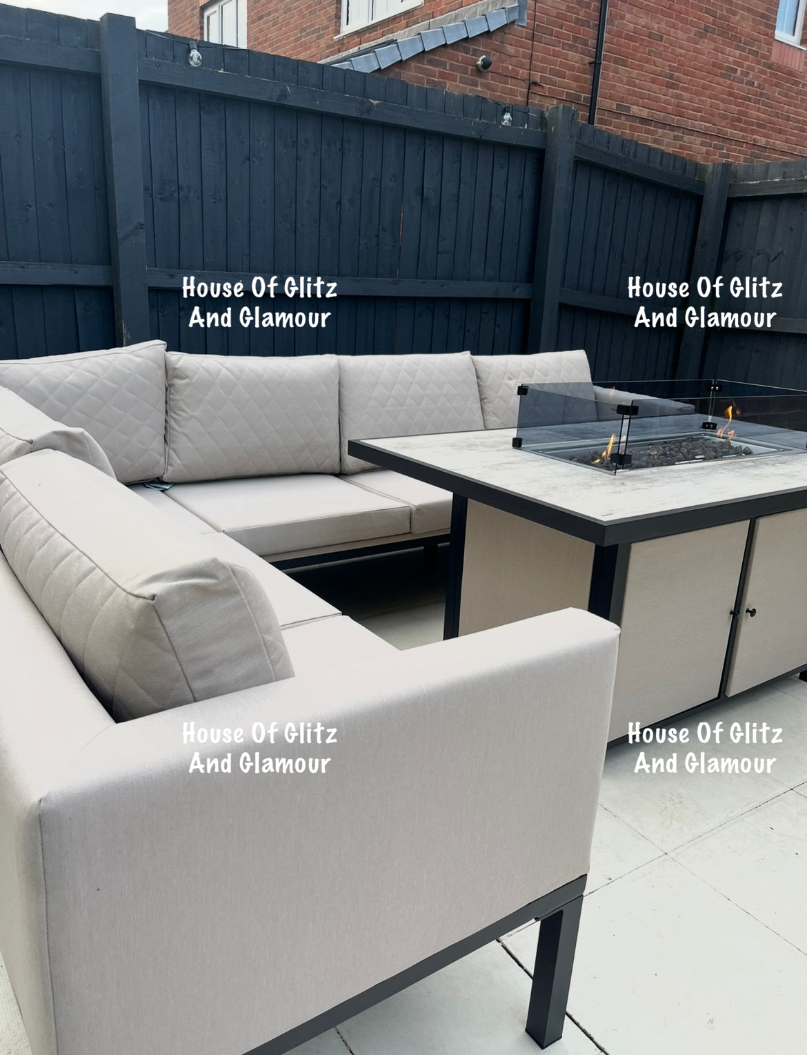 Vancouver Cream 10 Seater Aluminium L Shape Corner Sofa Dining Set with Fire Pit Table