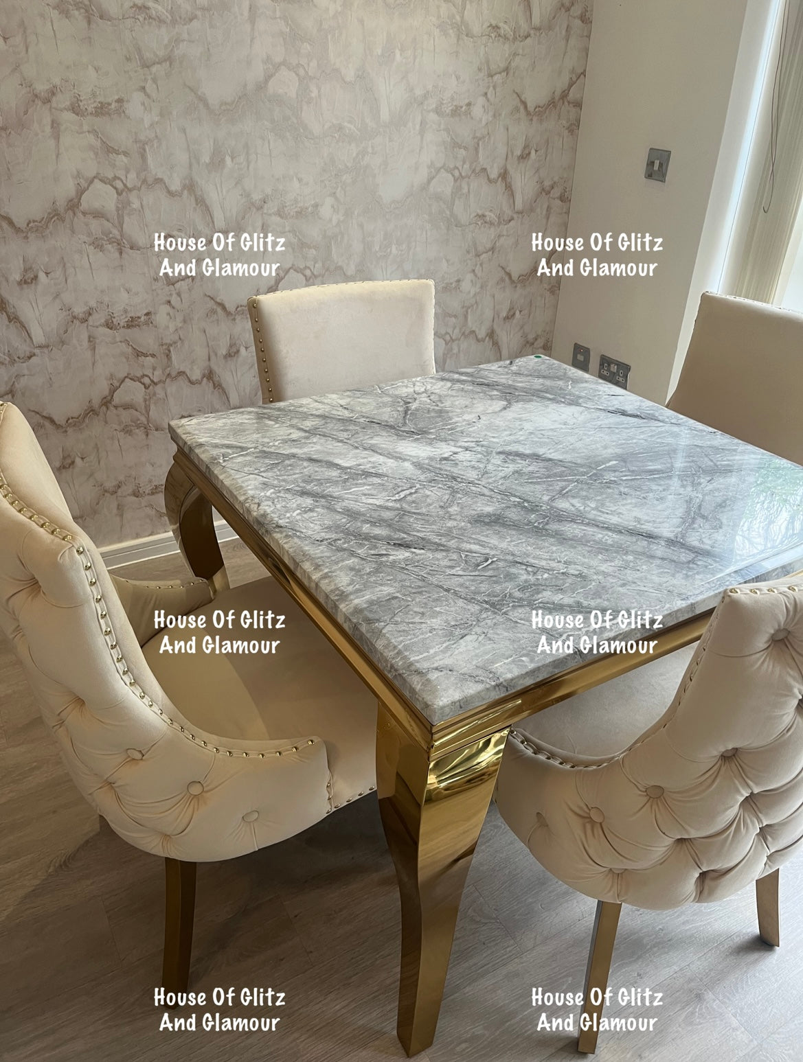 Louis 1m x 1m Grey Marble Dining Table + 4 Bentley Cream Velvet Studded Back Gold Leg Dining Chairs