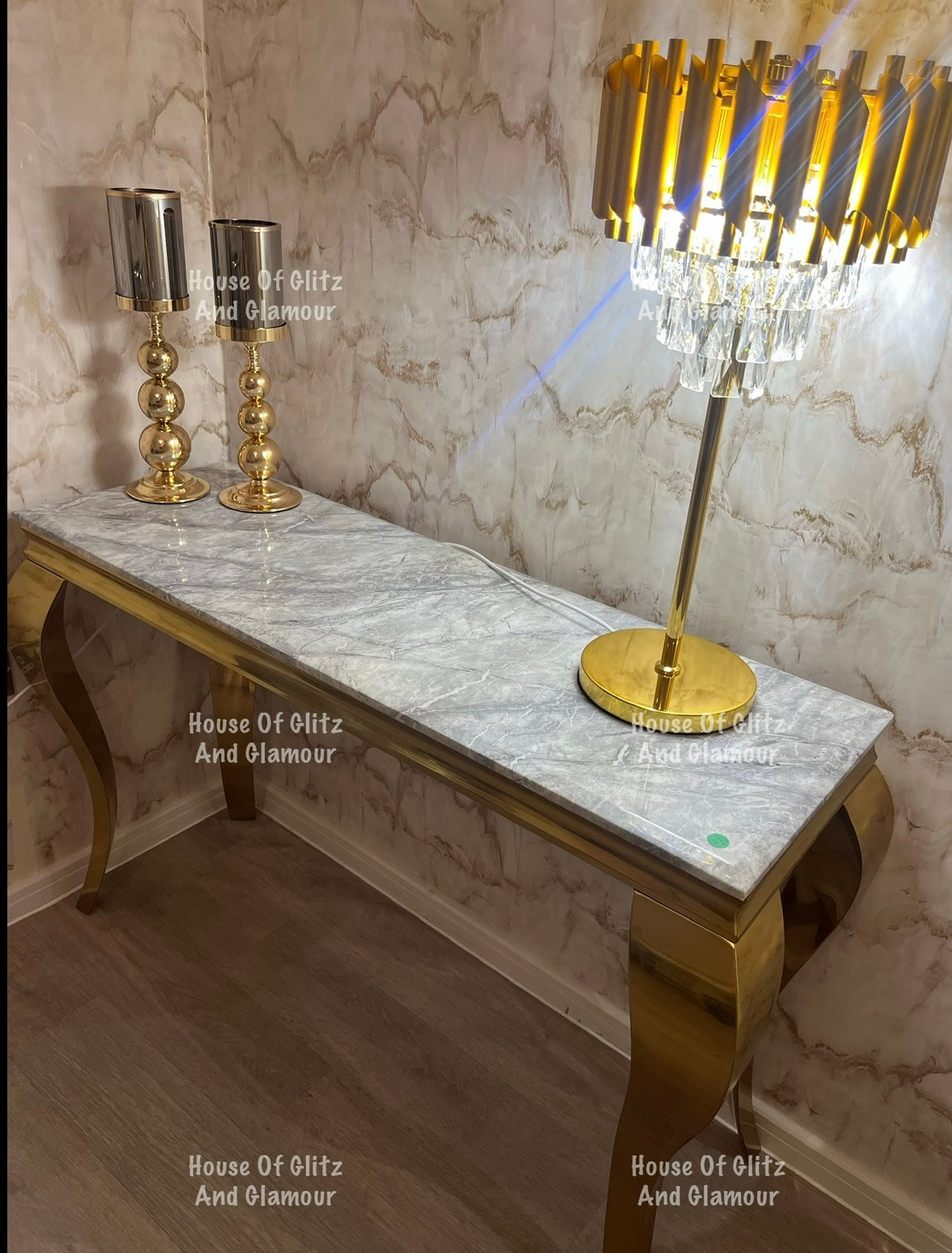 Louis Gold Console Table With Grey Marble Top  120cm x 40cm x 75cm