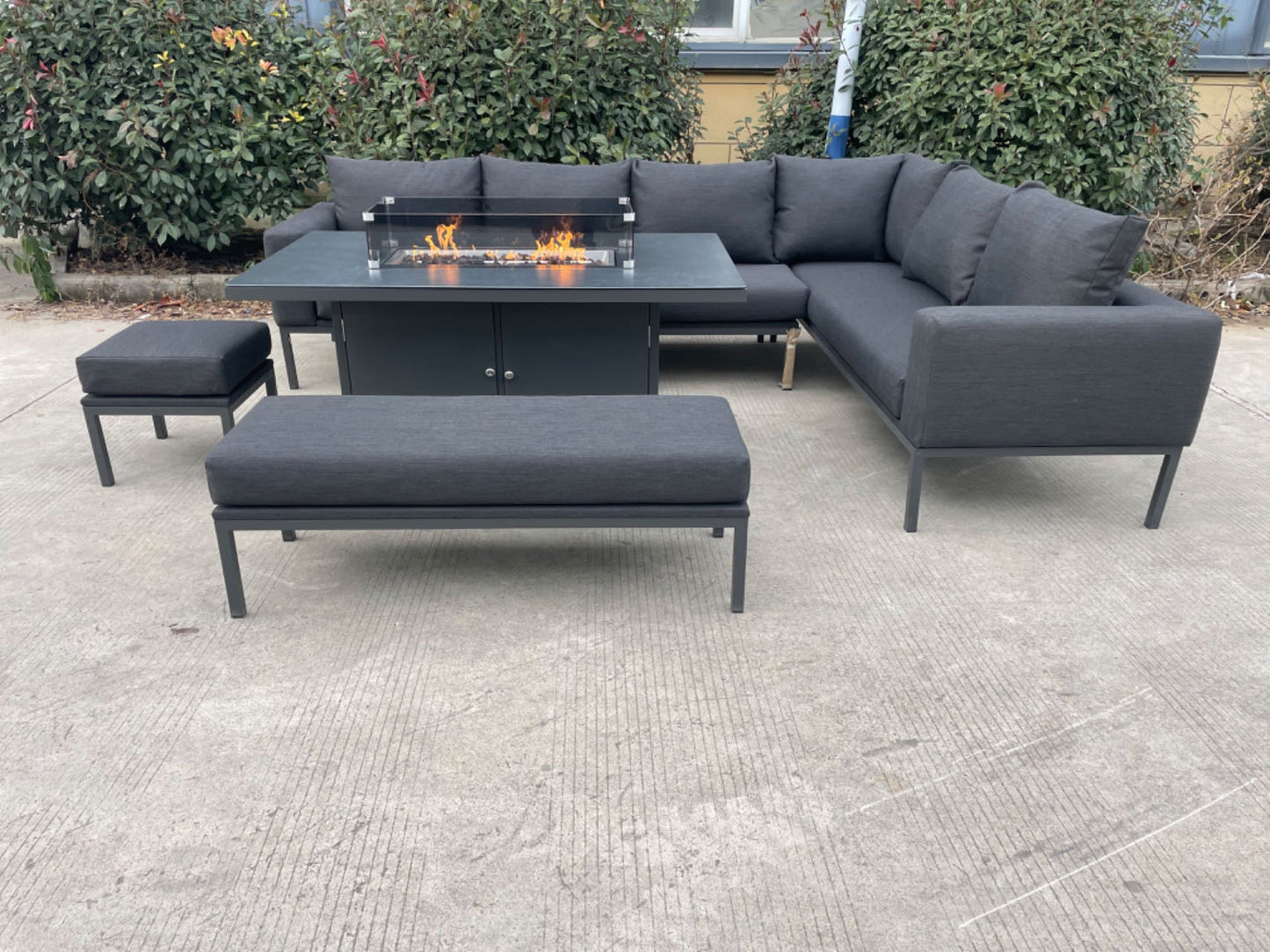 Vancouver Aluminium Firepit Garden Corner Sofa Dining Table Set