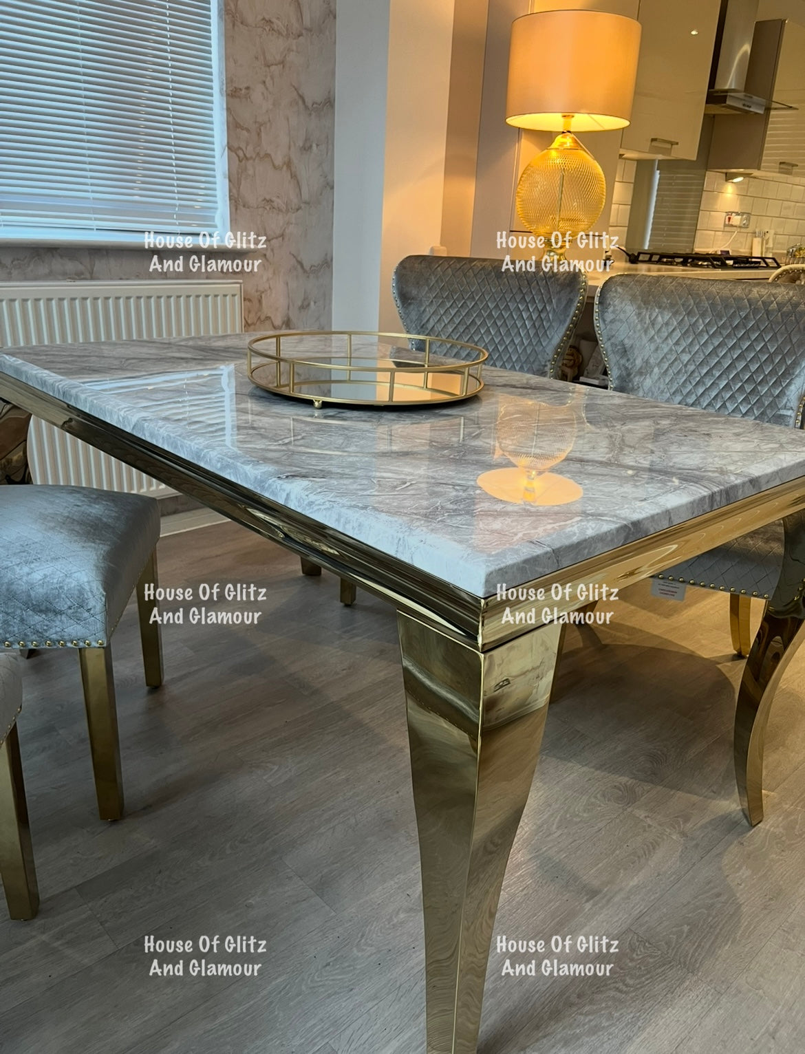 Louis 1.5 Gold Dining Table Set With Grey Marble & Grey & Gold Valentina Velvet Studded Back Dining Chairs x 4