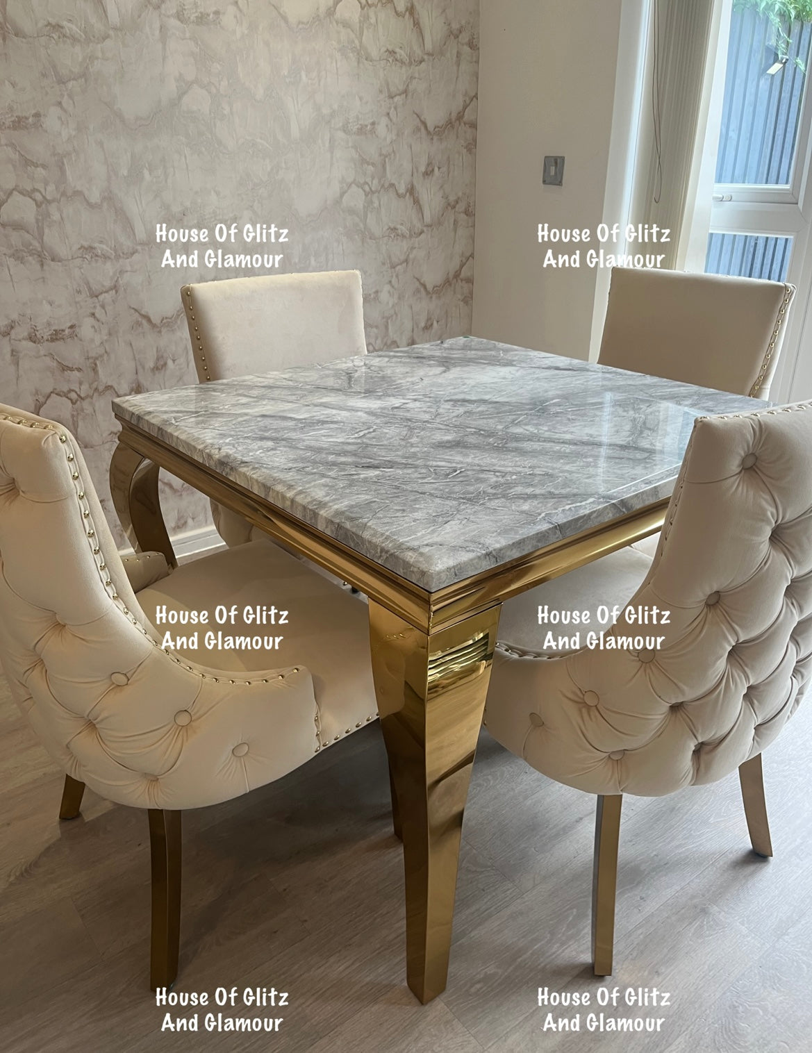 Louis 1m x 1m Grey Marble Dining Table + 4 Bentley Cream Velvet Studded Back Gold Leg Dining Chairs