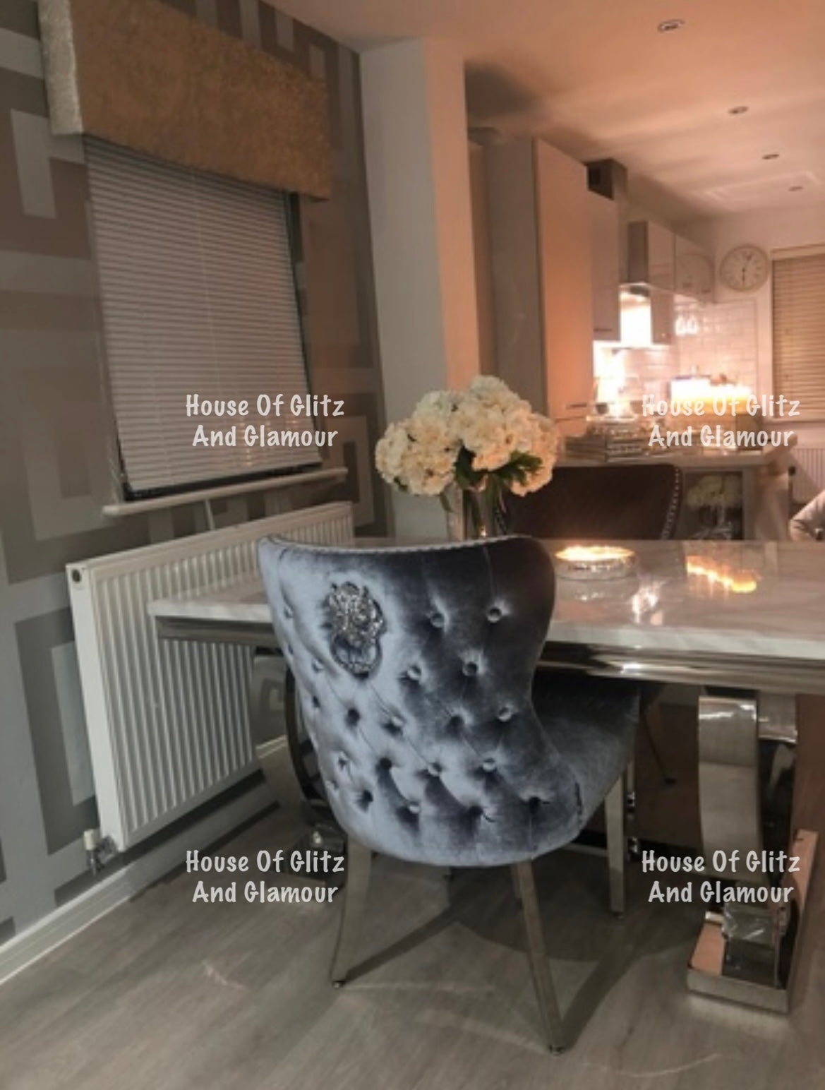 Valentina Grey Shimmer Crushed Velvet Lion Knocker Winged Back Quilted Dining Chair