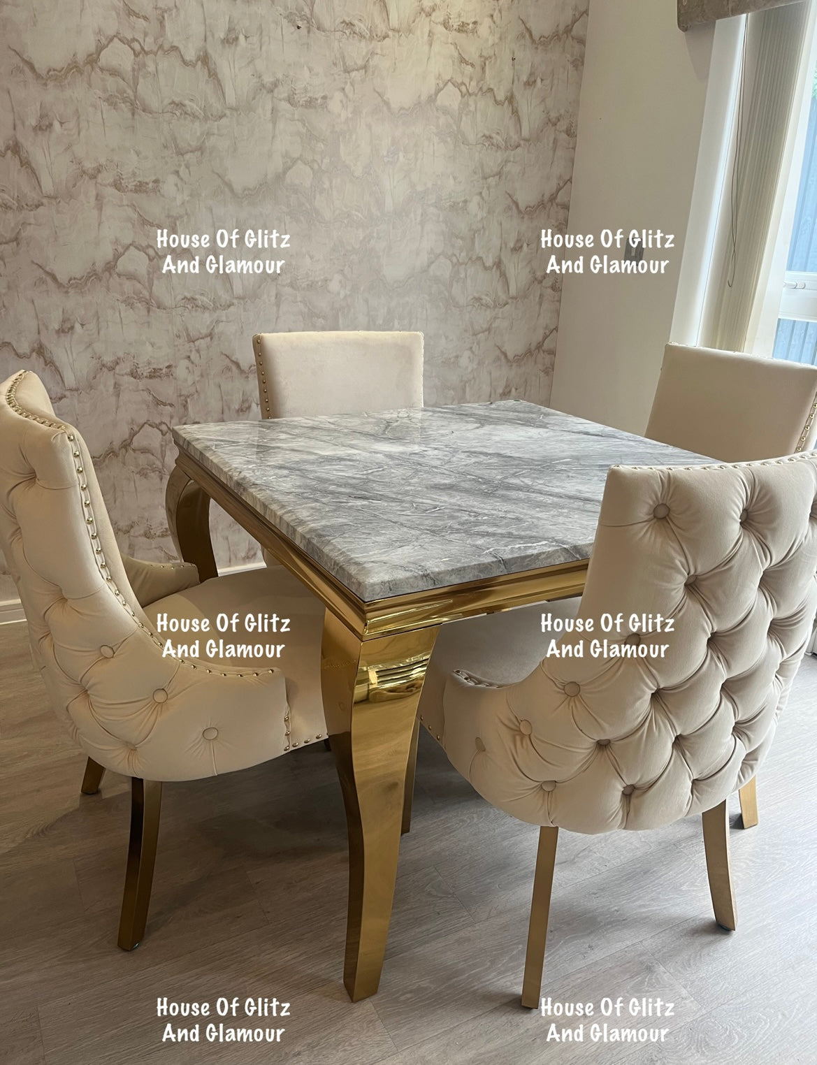 Louis 1m x 1m Grey Marble Dining Table + 4 Bentley Cream Velvet Studded Back Gold Leg Dining Chairs