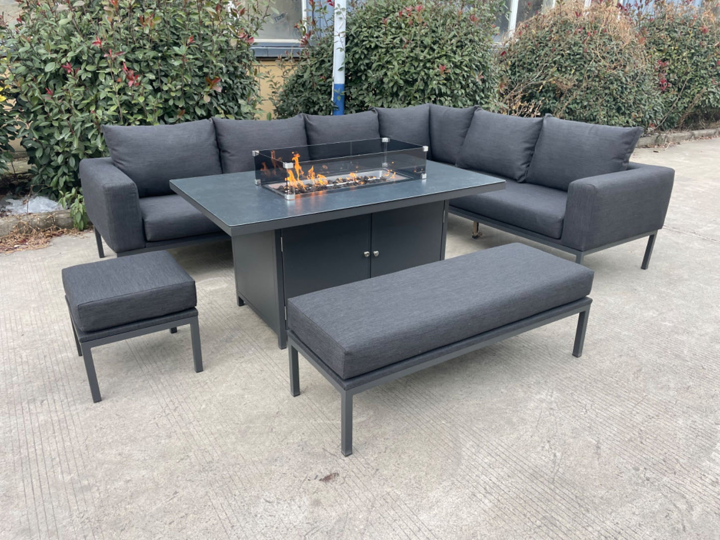 Vancouver Aluminium Firepit Garden Corner Sofa Dining Table Set