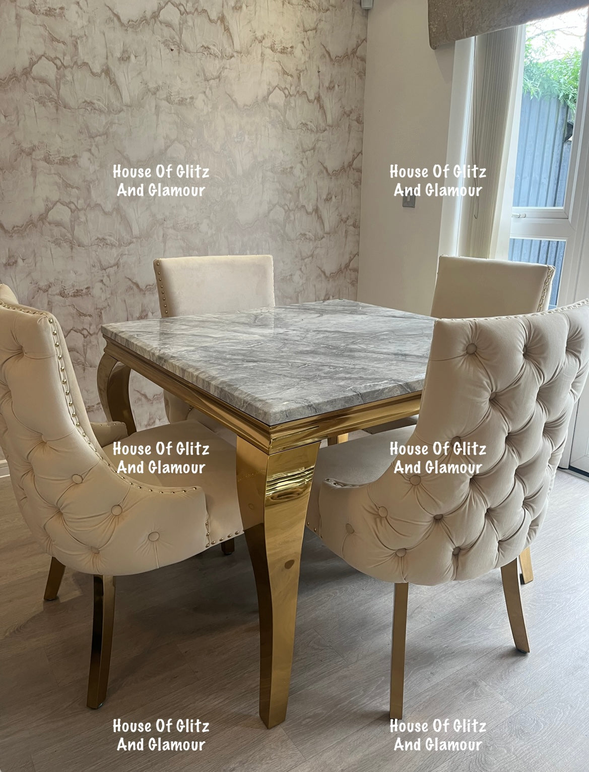 Louis 1m x 1m Grey Marble Dining Table + 4 Bentley Cream Velvet Studded Back Gold Leg Dining Chairs