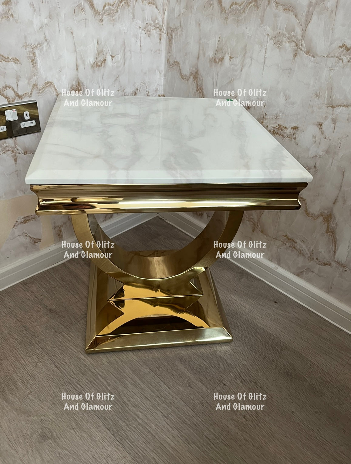 Arianna White Marble & Gold Circular Lamp / Side Table 50cm x 50cm