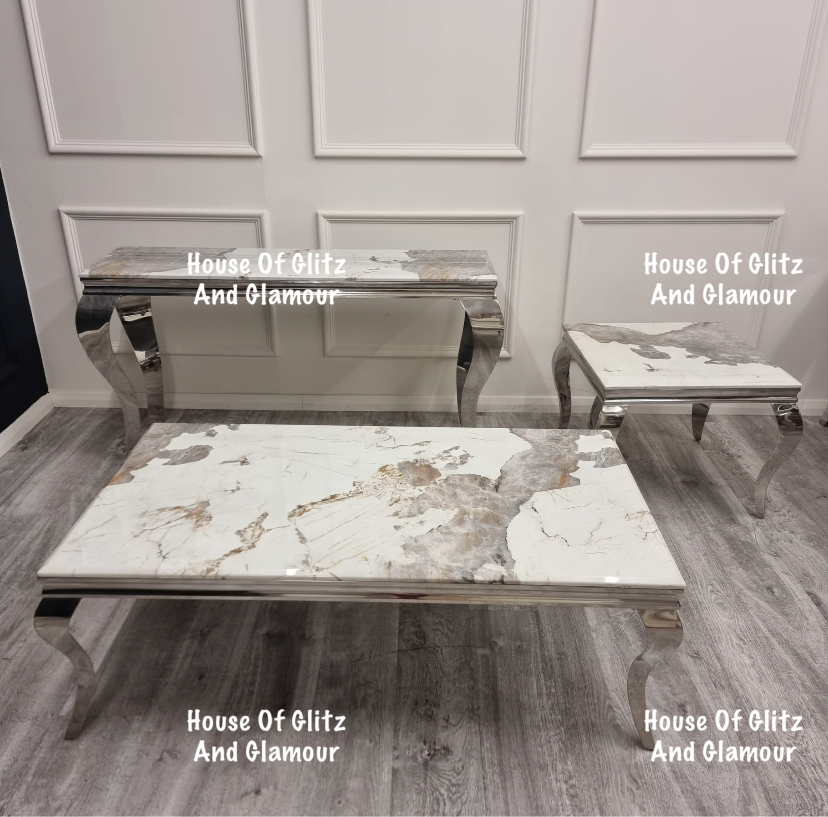 Louis Cream Coffee Table With Chrome Legs And Pandora Sintered Top (130cm x 70cm)