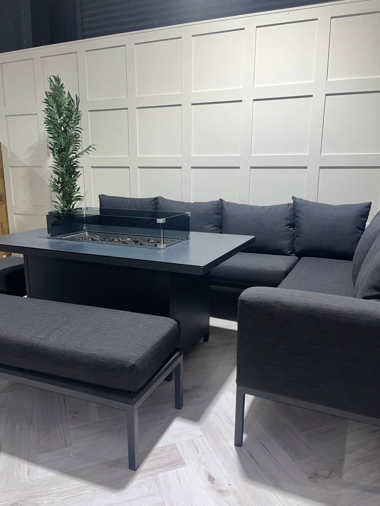 Vancouver Aluminium Firepit Garden Corner Sofa Dining Table Set