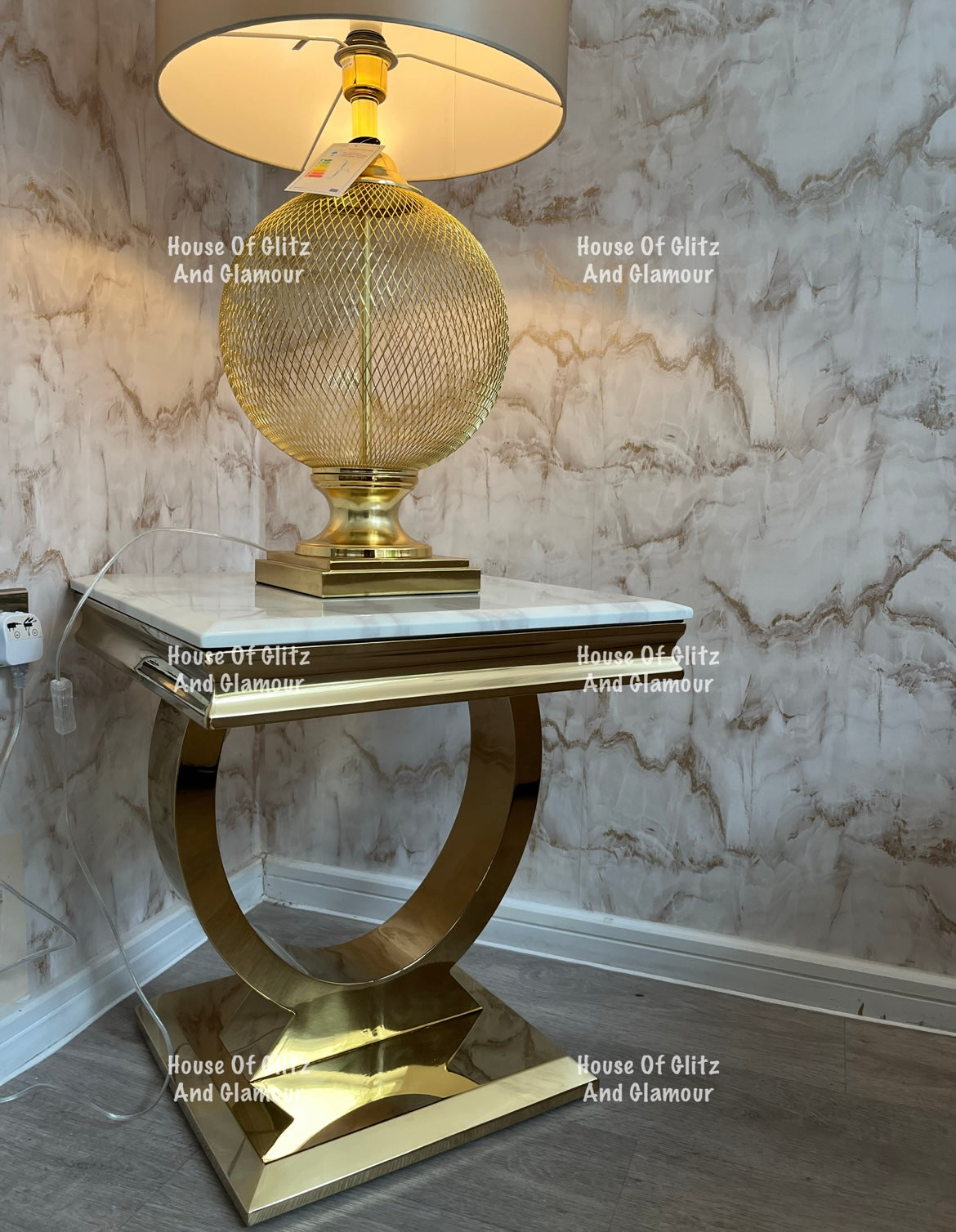 Arianna White Marble & Gold Circular Lamp / Side Table 50cm x 50cm