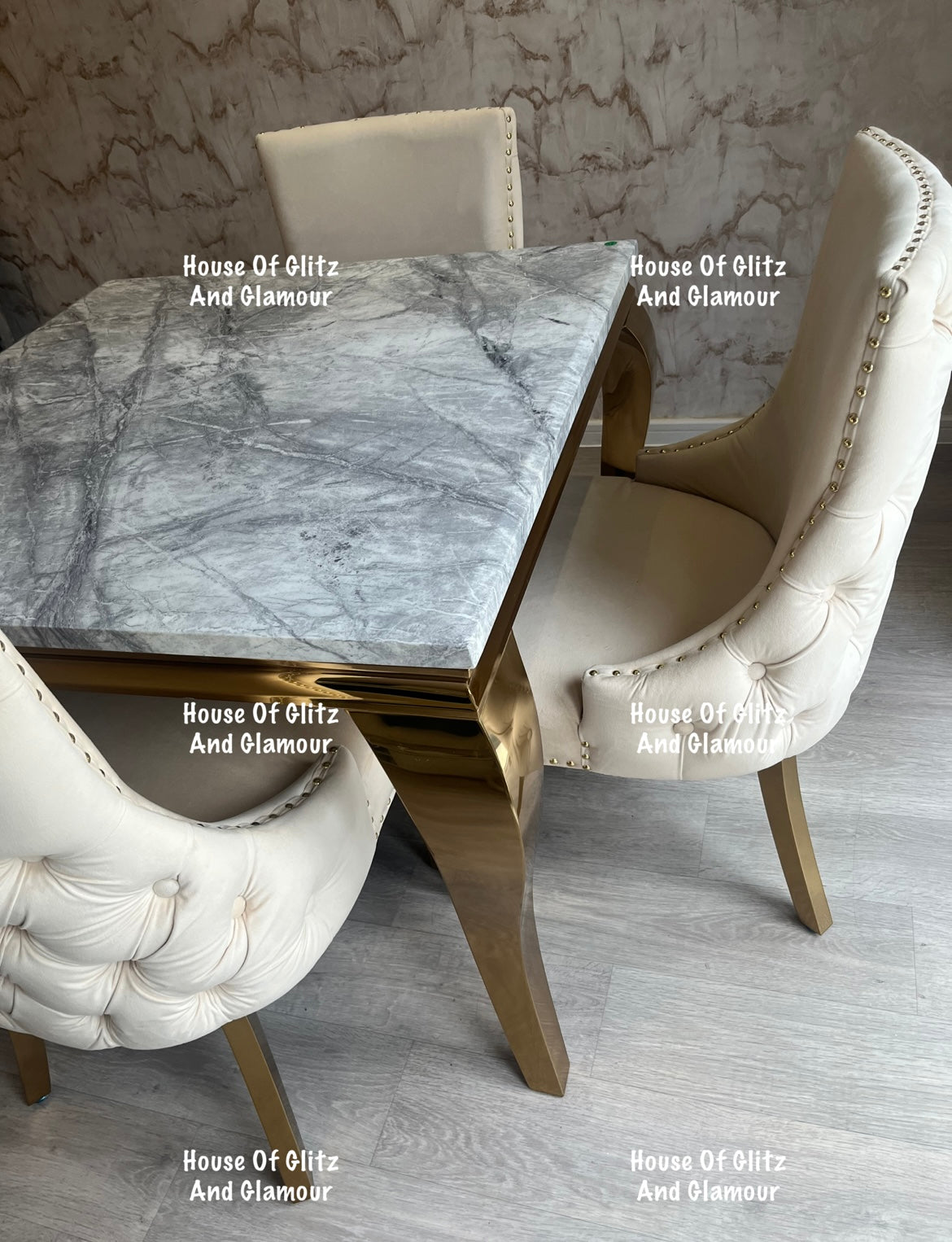 Louis 1m x 1m Grey Marble Dining Table + 4 Bentley Cream Velvet Studded Back Gold Leg Dining Chairs