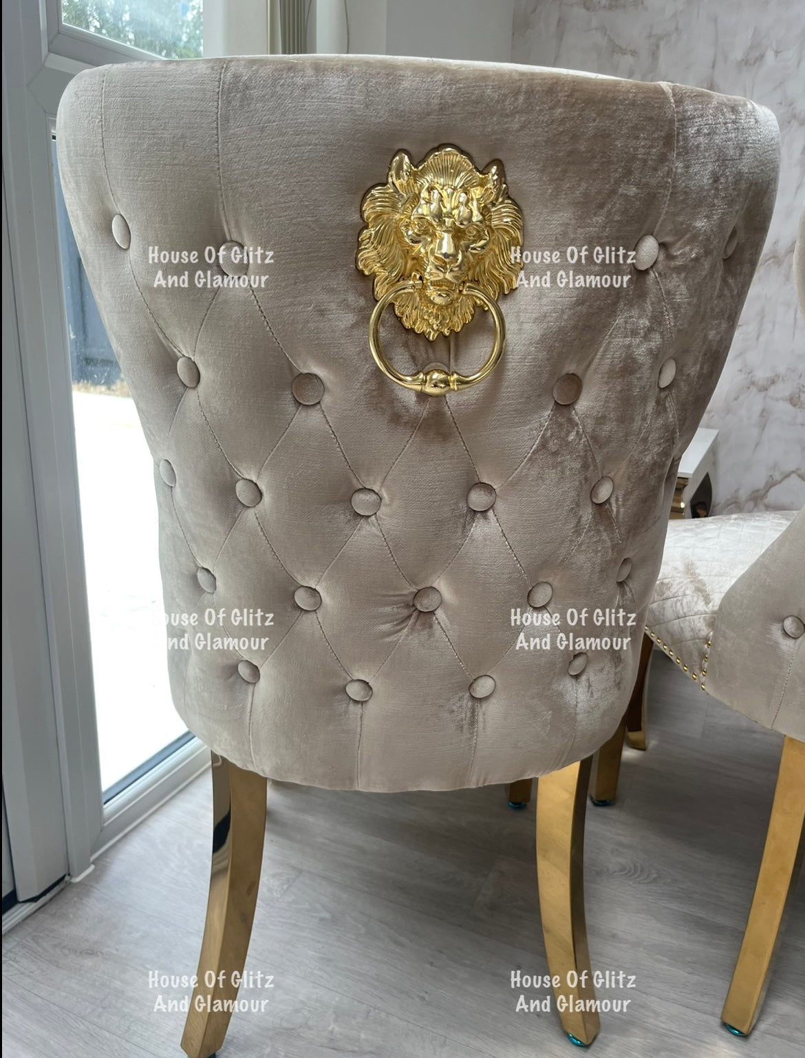 Valentina Mink Champagne Crushed Velvet & Gold Lion Knocker Winged Back Quilted Dining Chair