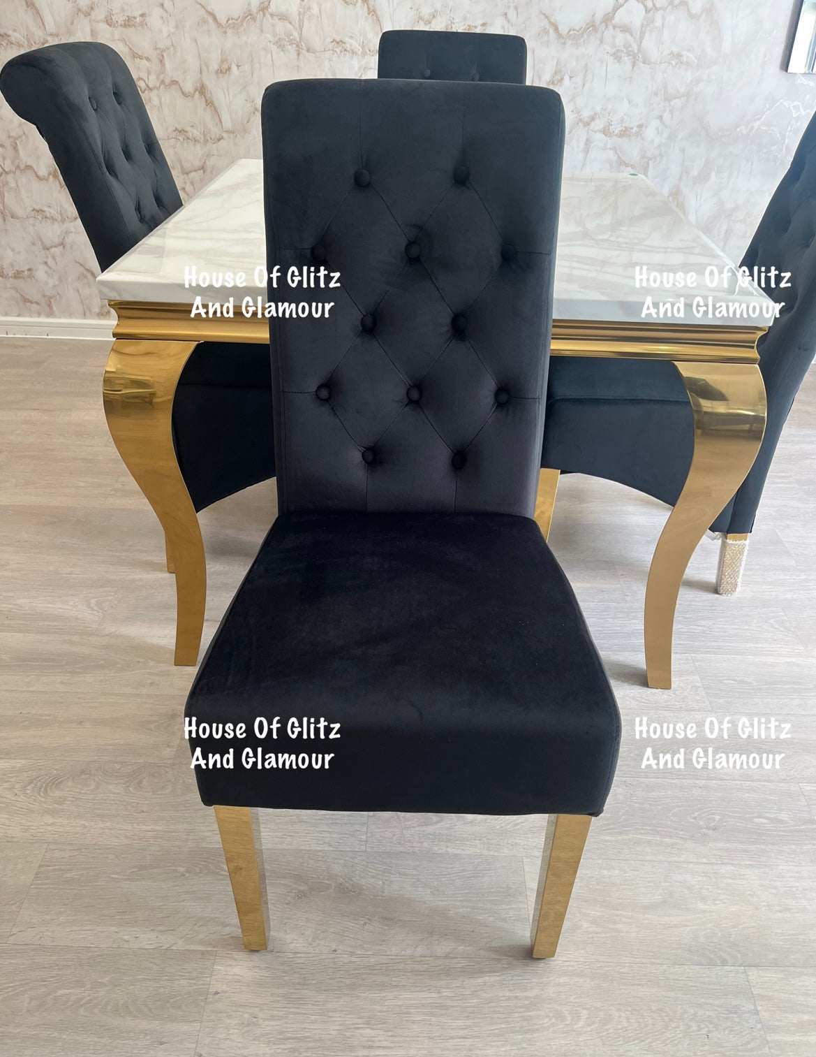 Louis White Square 1m x 1m Marble & Gold Dining Table + 4 Lou Lou Gold Ring Knocker Chairs