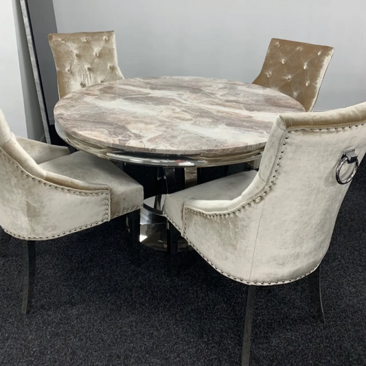Arianna Round Mixed Brown Marble Dining Table 1.3 Metre + 4 Mink Ring Knocker Back Chairs