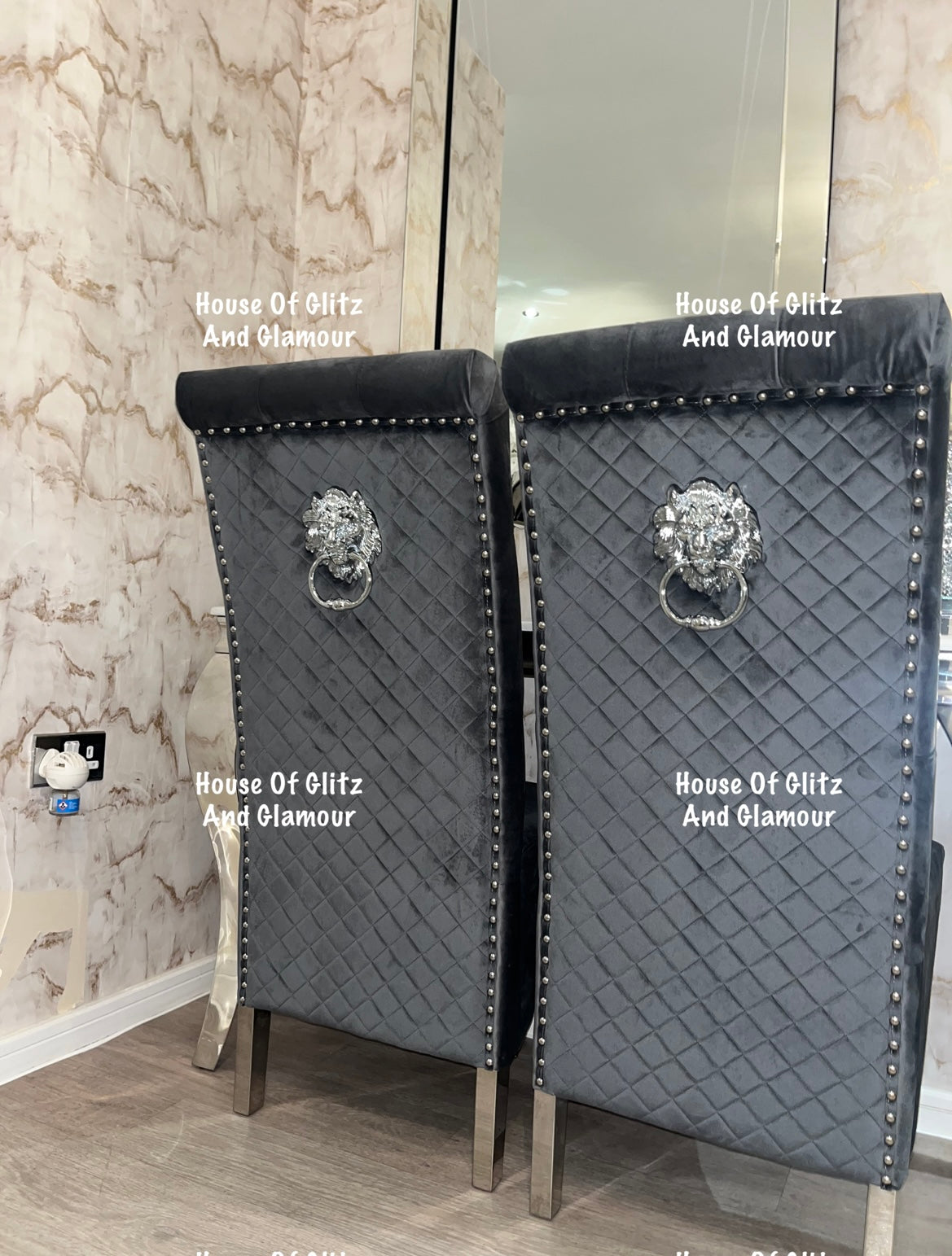Lou Lou High Back Dark Grey Velvet Lion Knocker Back Dining Chair