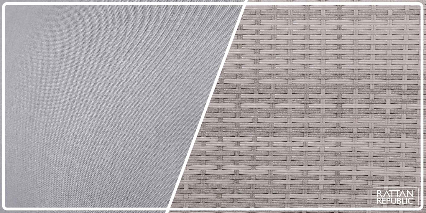 Two textured fabric swatches, one plain and one woven, on a white background.