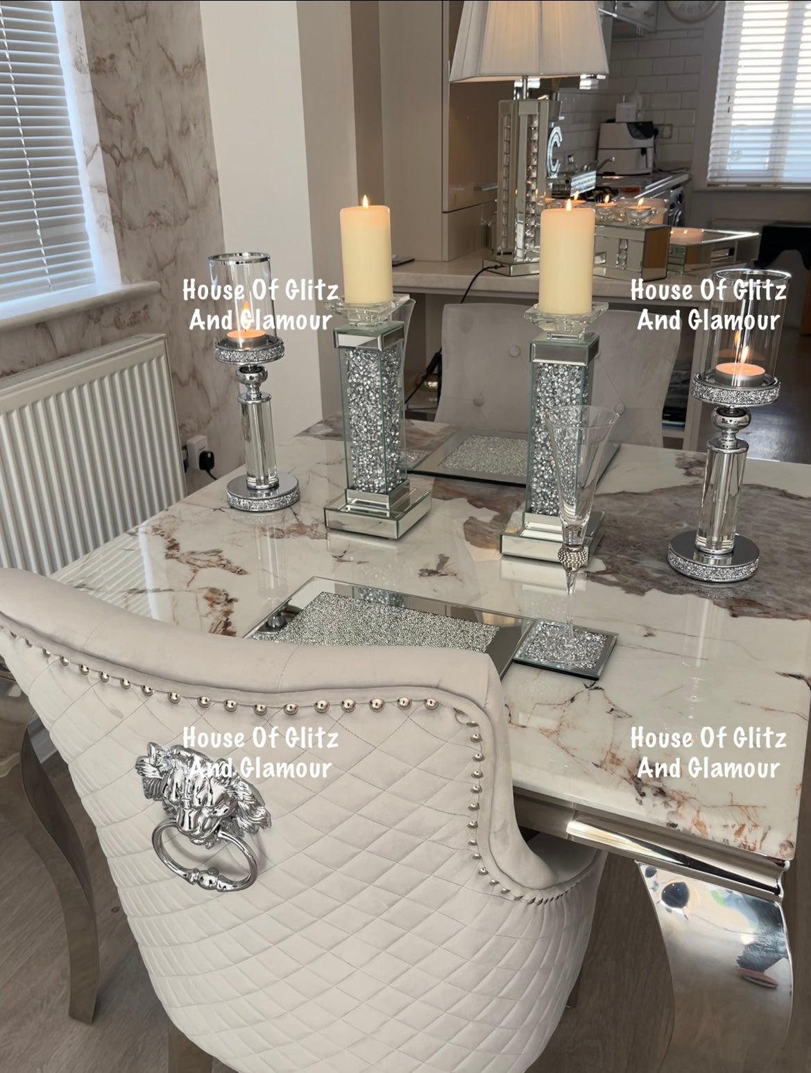 Louis Cream Dining Table With Chrome Legs And Pandora Marble Top