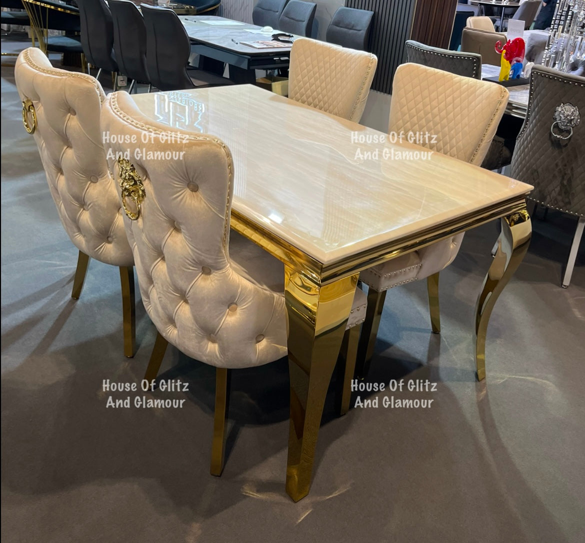Louis Cream Marble Dining Table With Gold Legs