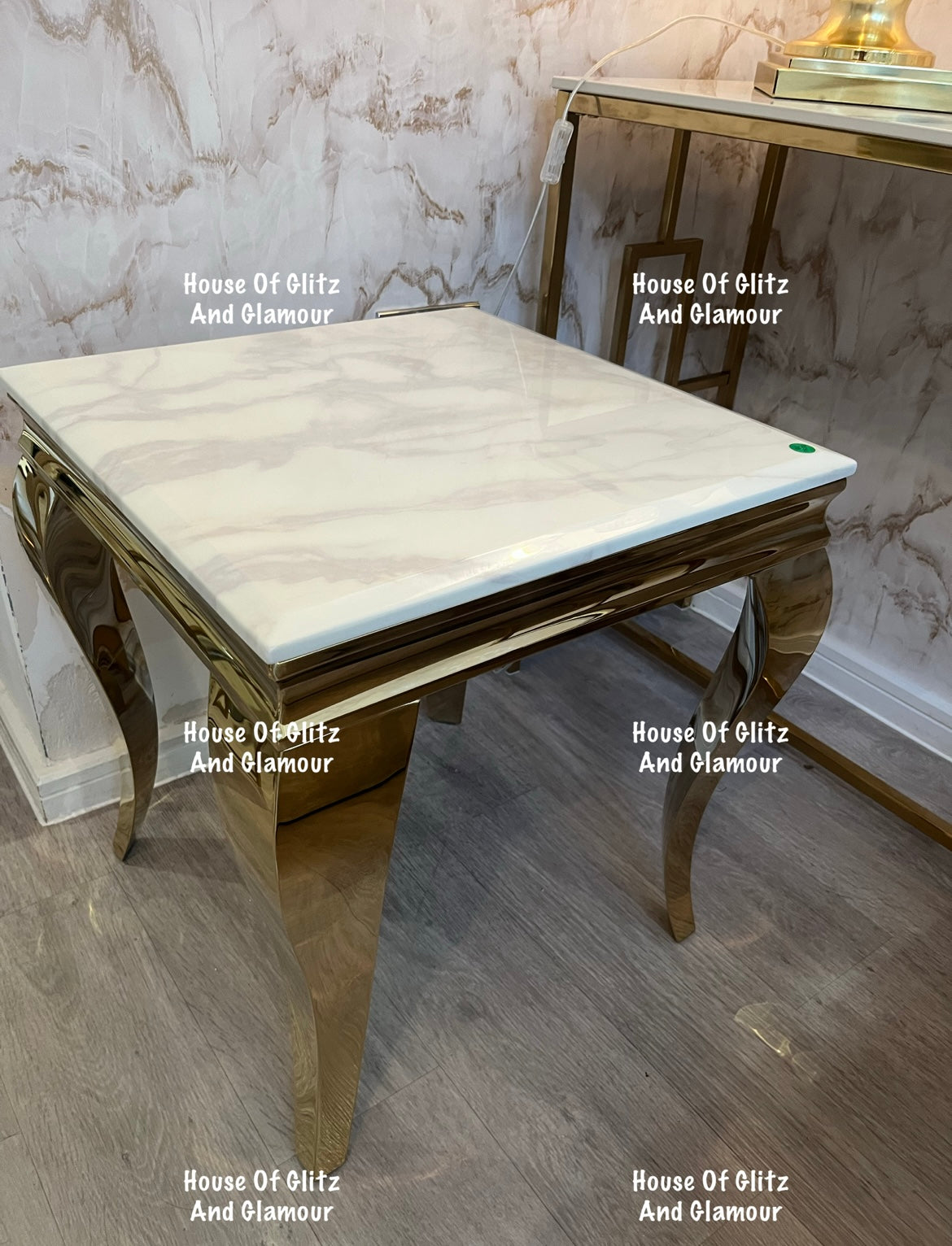 Louis Gold Lamp Table With White Marble Top 50cm x 50cm