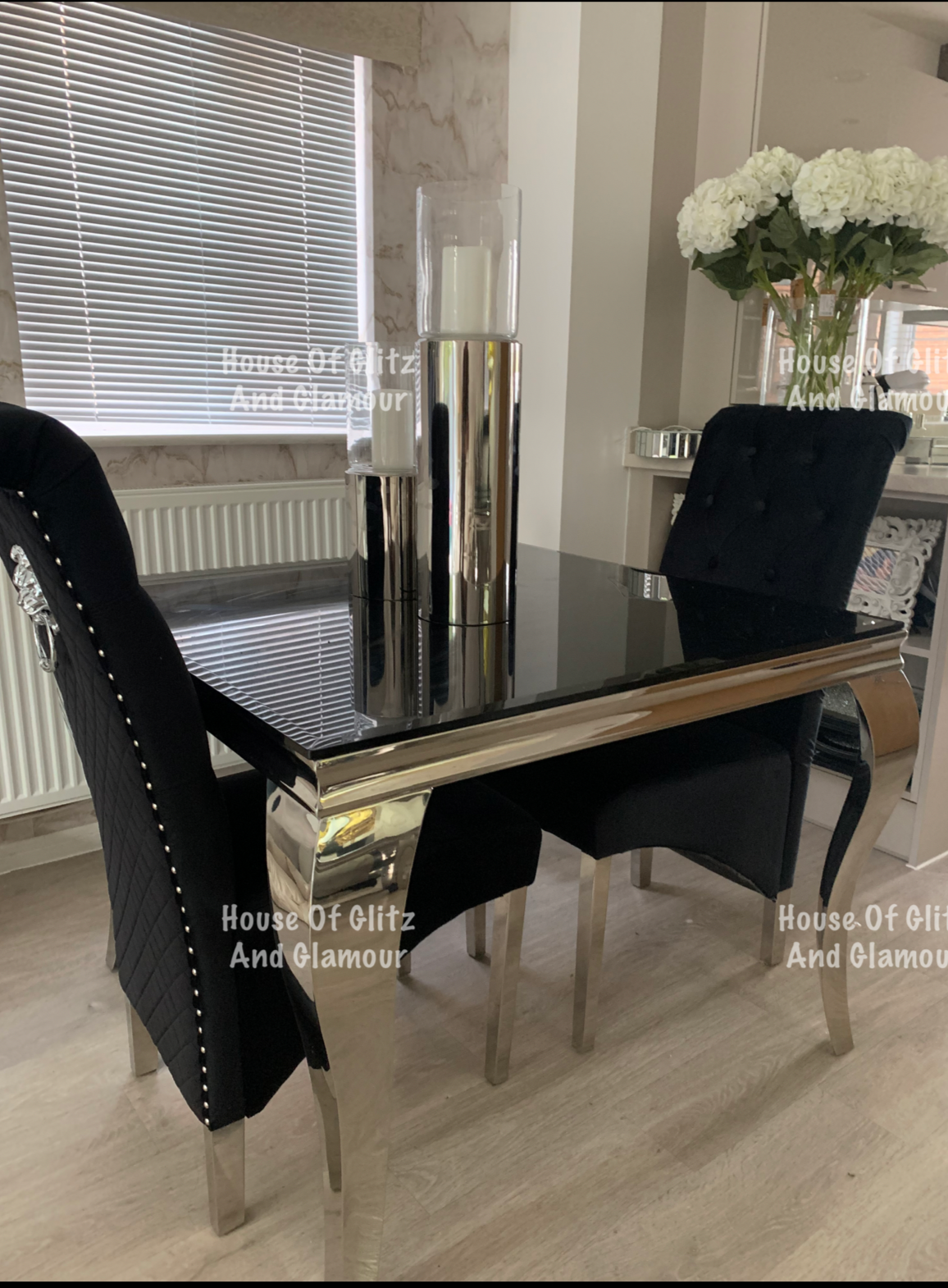 Louis Black Glass & Chrome Square 1m x 1m Dining Table