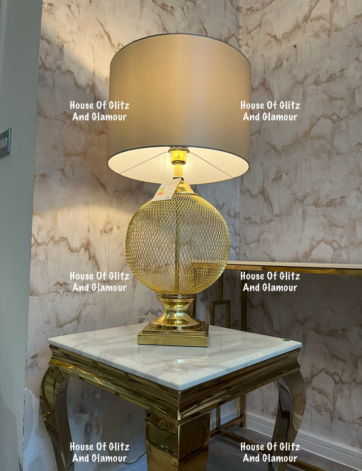 Louis Gold Lamp Table With White Marble Top 50cm x 50cm