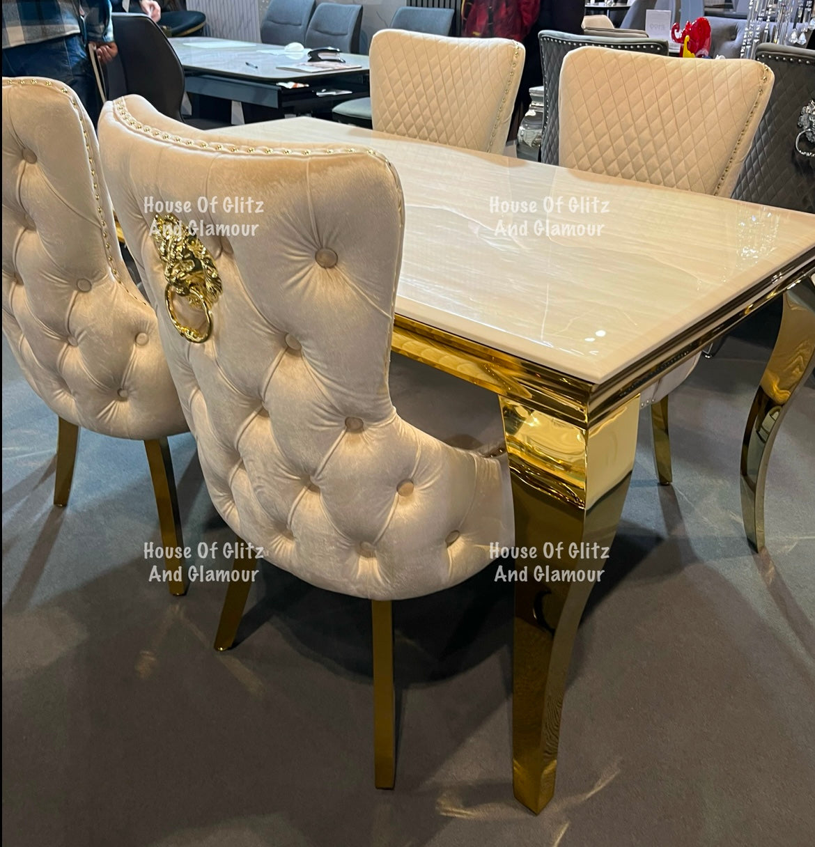 Louis Cream Marble Dining Table With Gold Legs