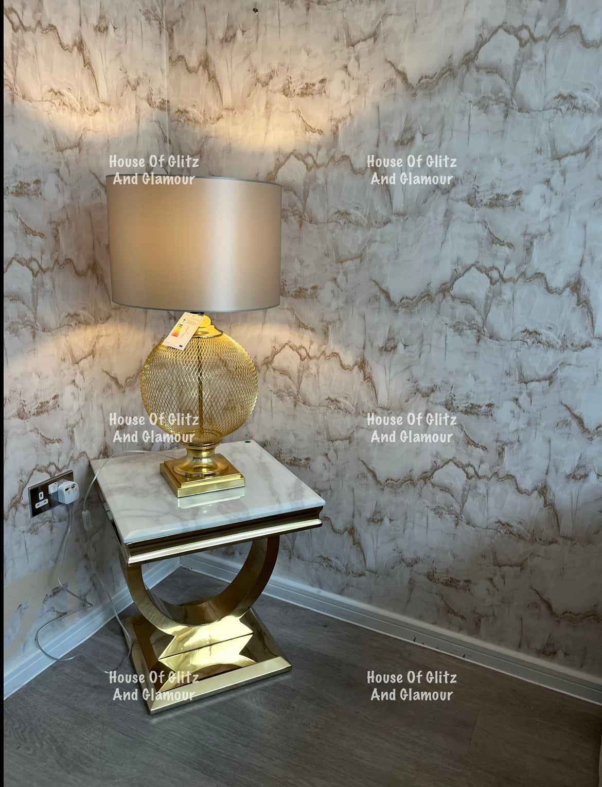 Arianna White Marble & Gold Circular Lamp / Side Table 50cm x 50cm