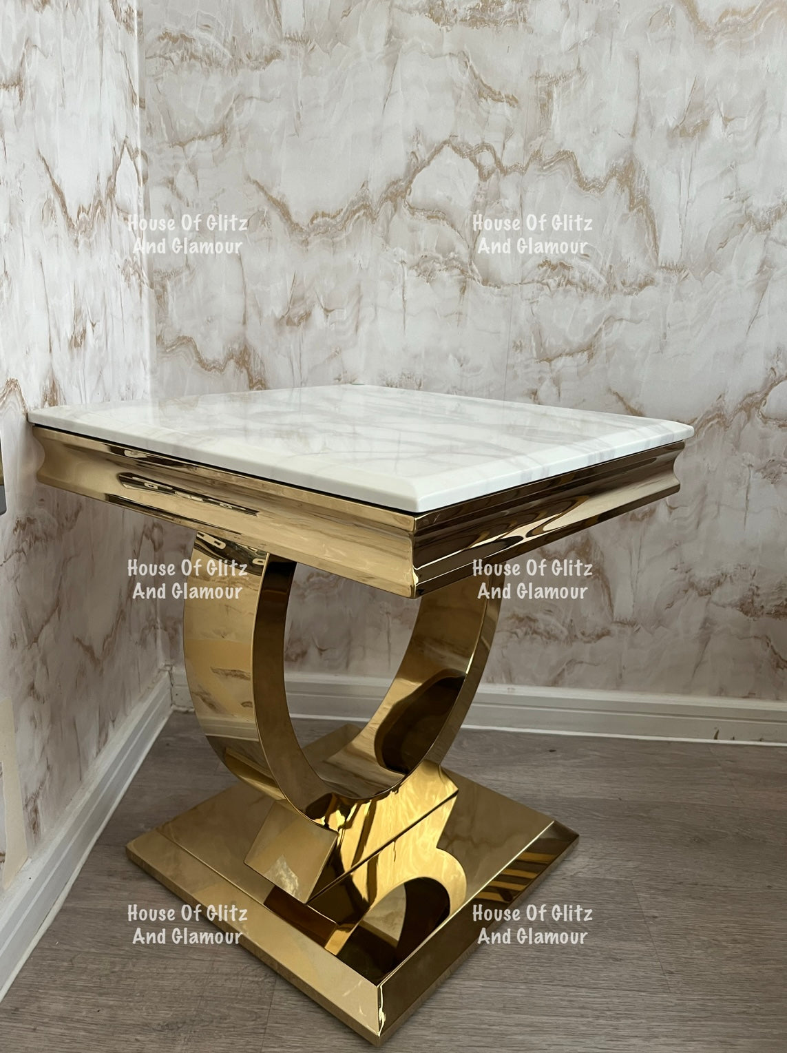 Arianna White Marble & Gold Circular Lamp / Side Table 50cm x 50cm