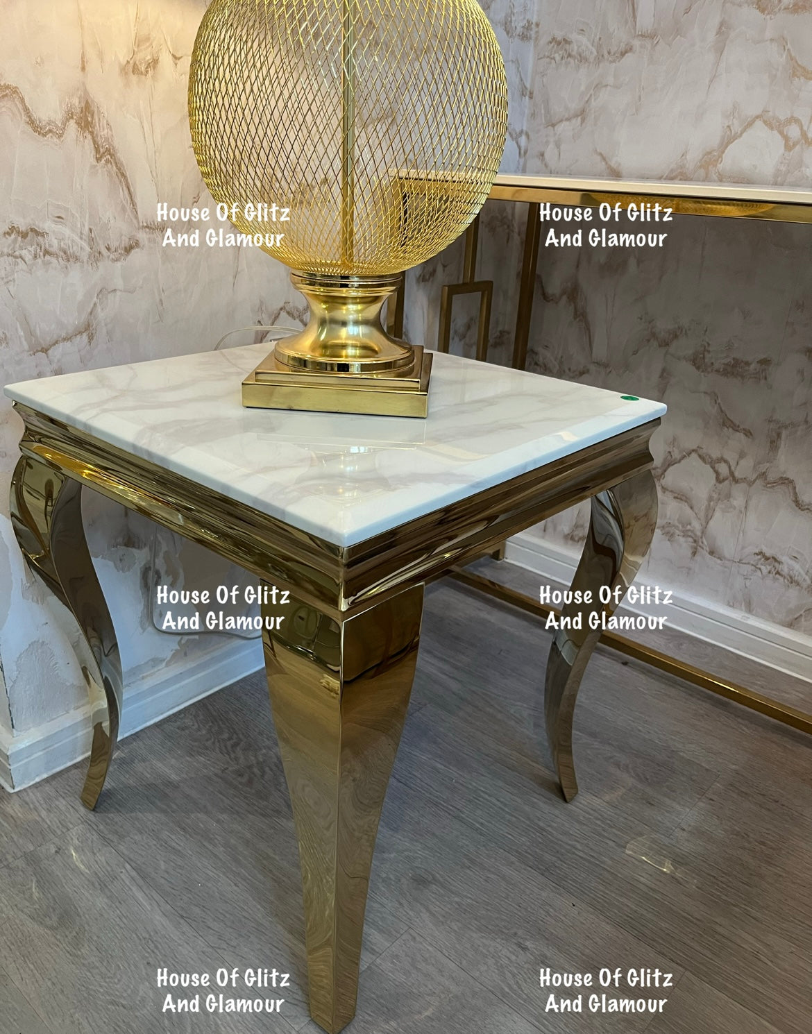 Louis Gold Lamp Table With White Marble Top 50cm x 50cm