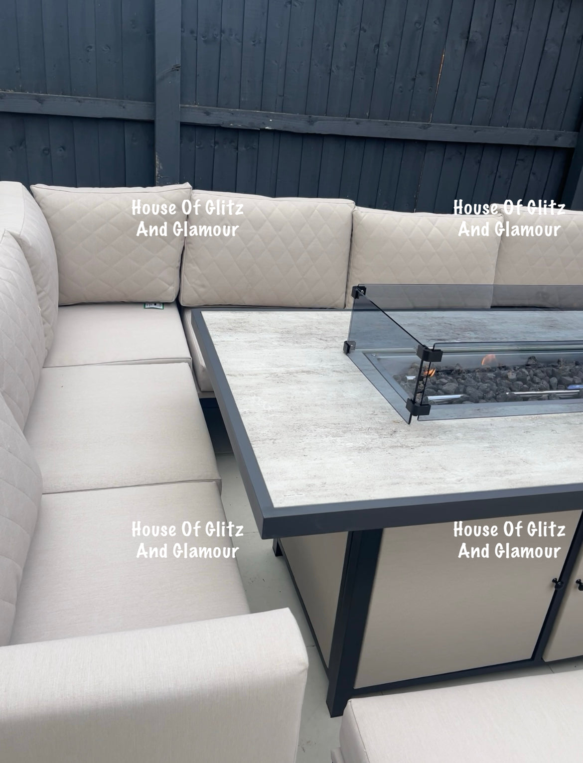 Vancouver Cream 10 Seater Aluminium L Shape Corner Sofa Dining Set with Fire Pit Table