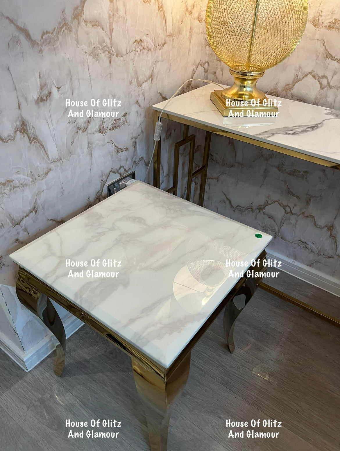 Louis Gold Lamp Table With White Marble Top 50cm x 50cm
