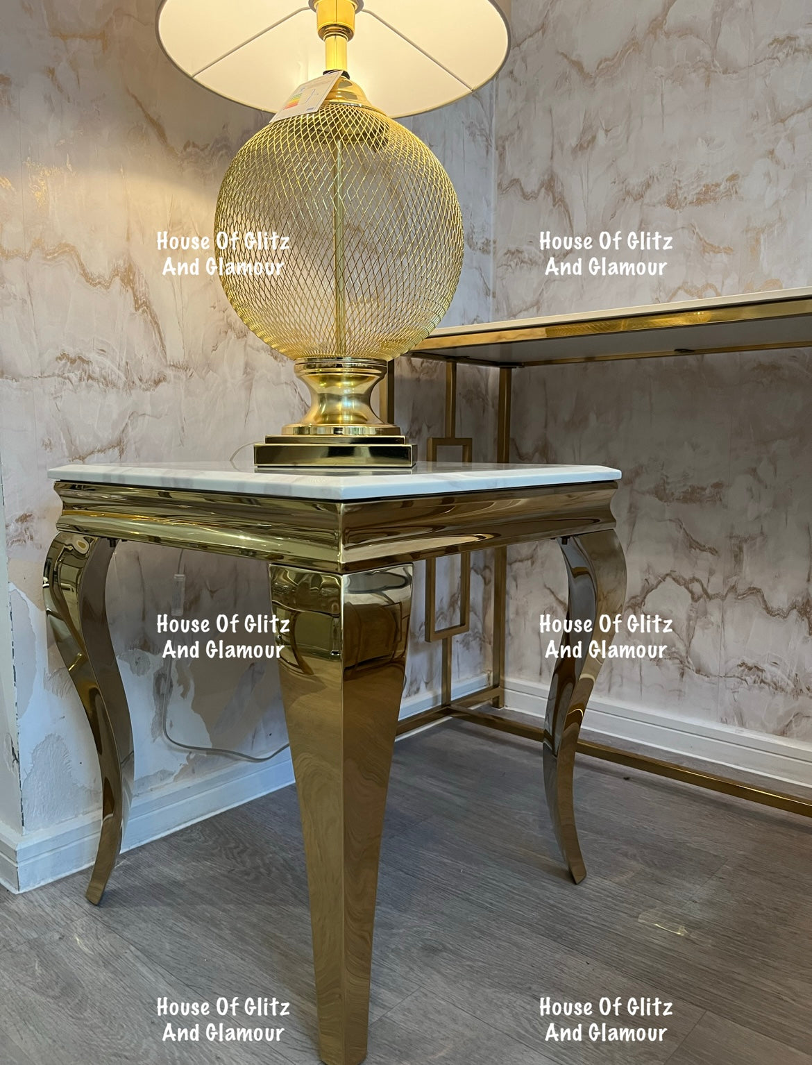 Louis Gold Lamp Table With White Marble Top 50cm x 50cm