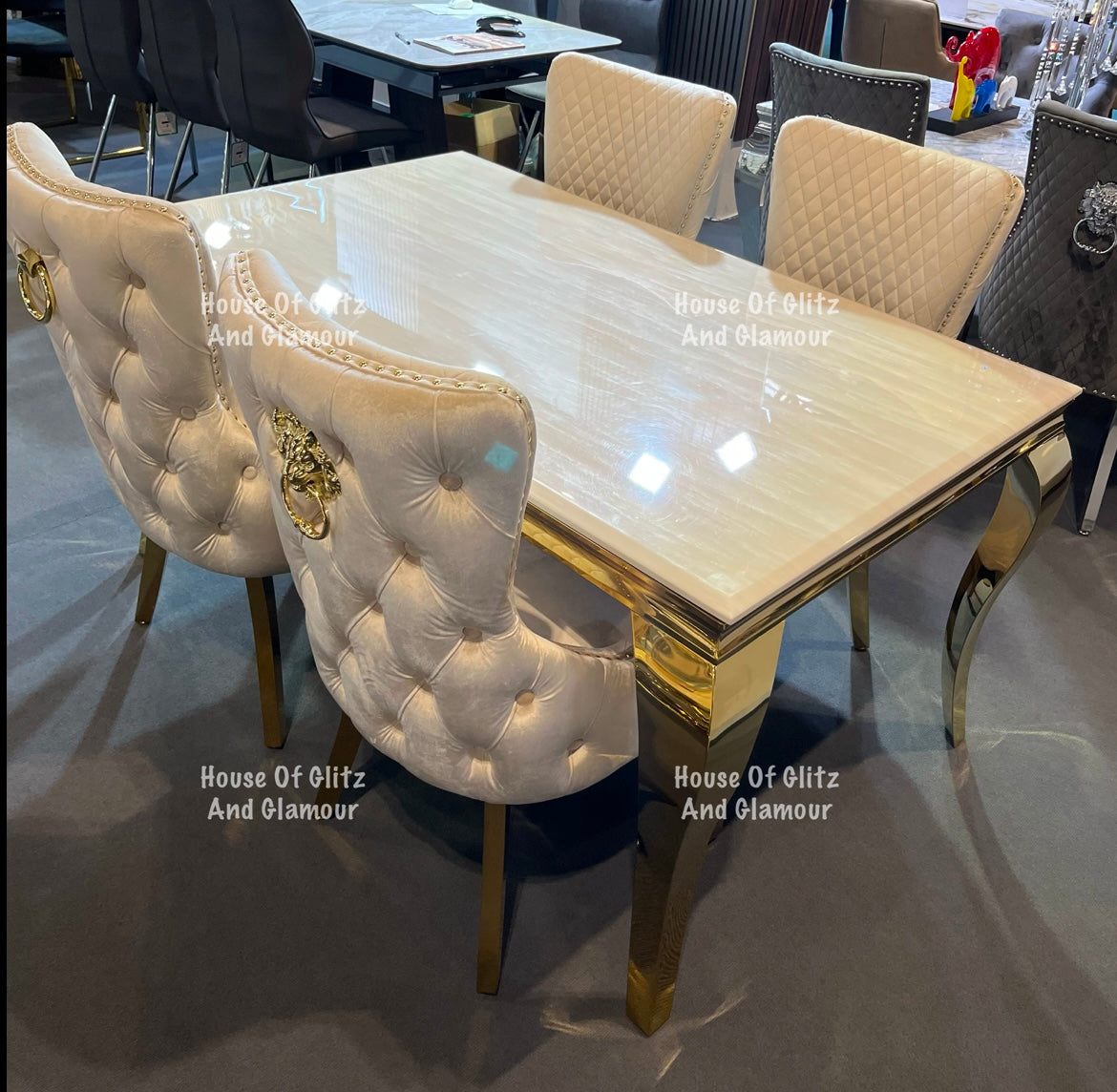 Louis Cream Marble Dining Table With Gold Legs