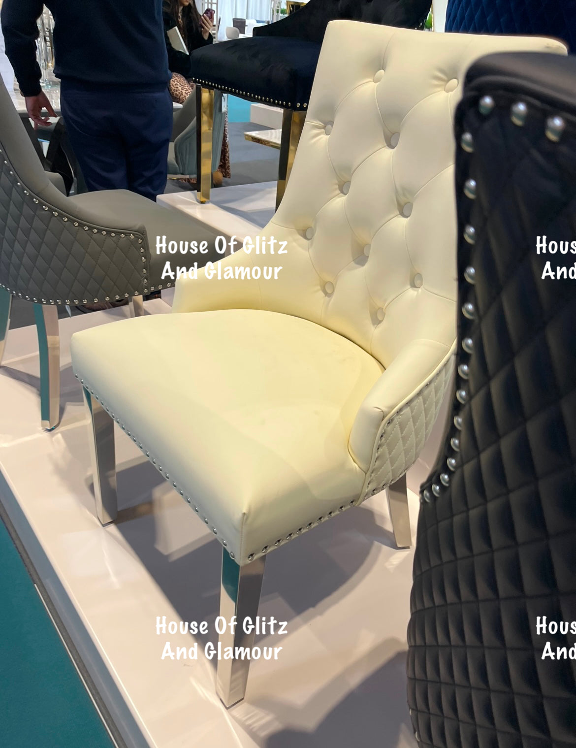 Chelsea Cream PU Leather Chrome Lion Knocker Back Dining Chair With Chrome Legs