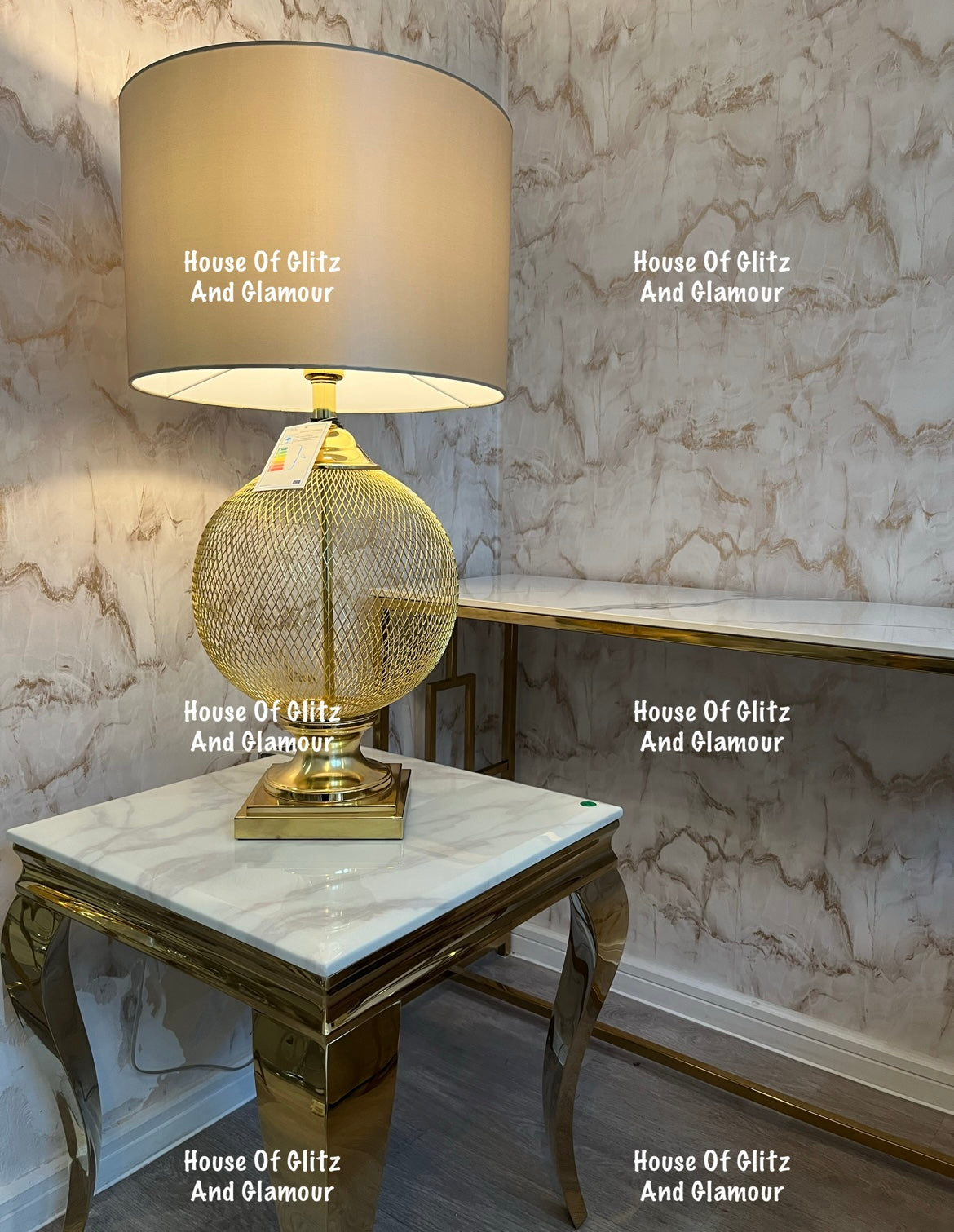 Louis Gold Lamp Table With White Marble Top 50cm x 50cm