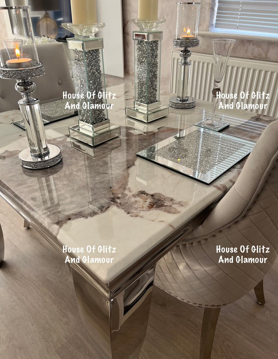 Louis Cream Dining Table With Chrome Legs And Pandora Marble Top