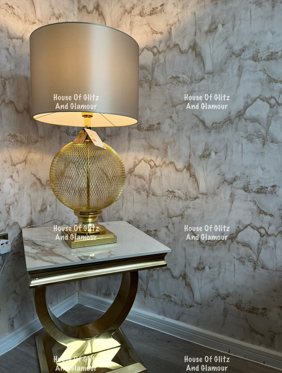 Arianna Kata Gold Marble Patterned Sintered Stone Top & Gold Circular Base Lamp / Side Table 50cm x 50cm